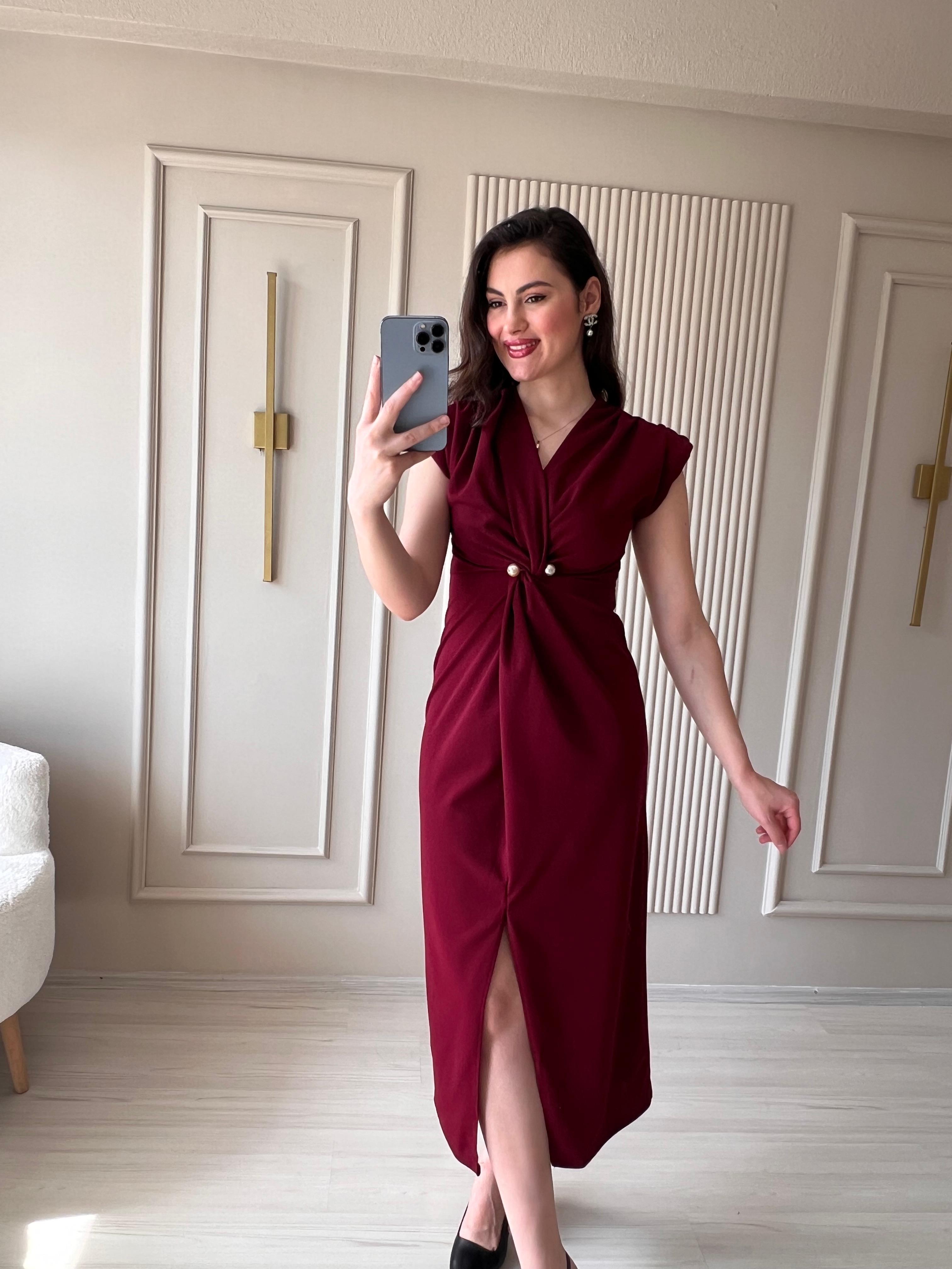İnci Detaylı Bordo Elbise -1016