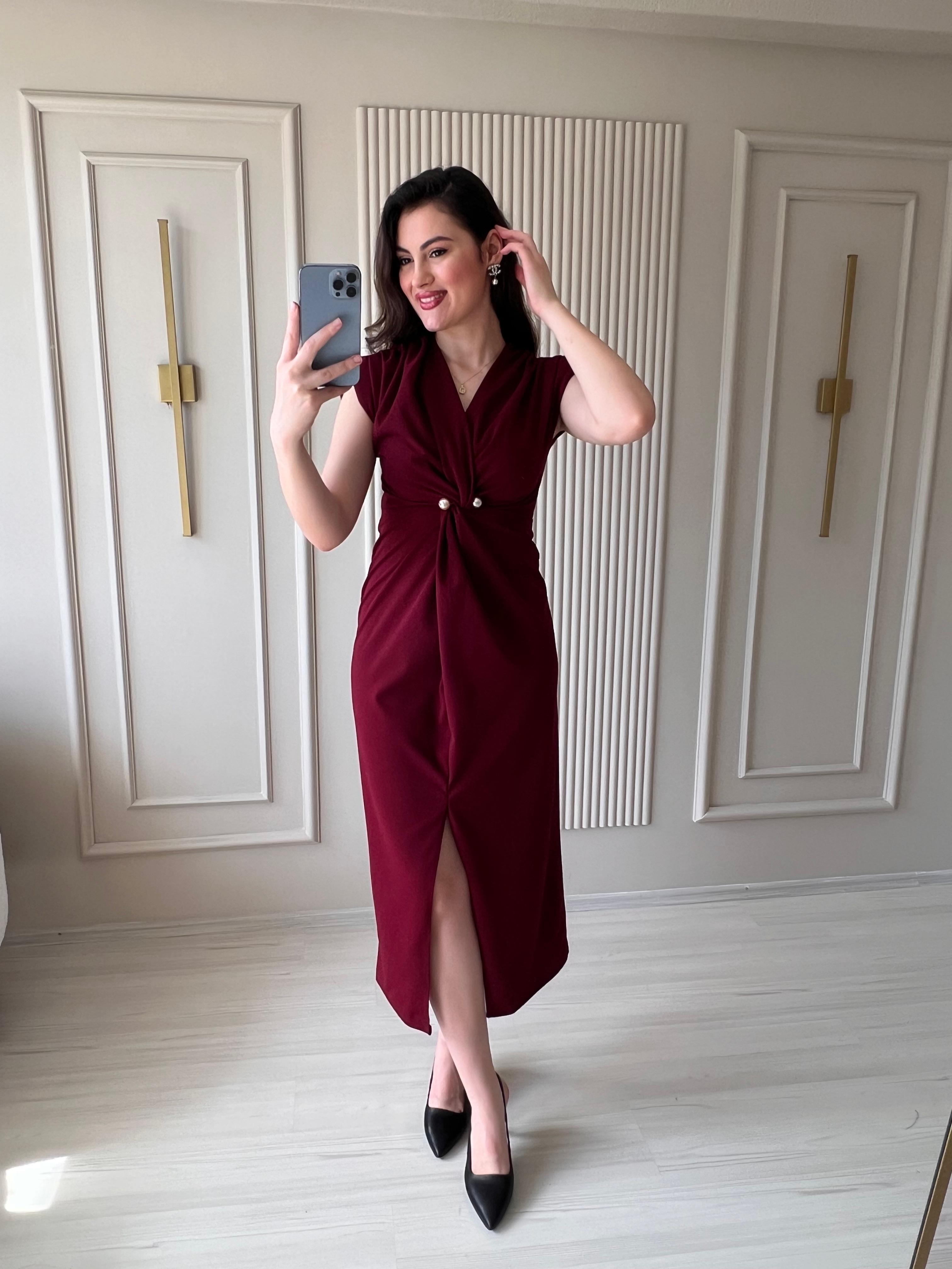 İnci Detaylı Bordo Elbise -1016