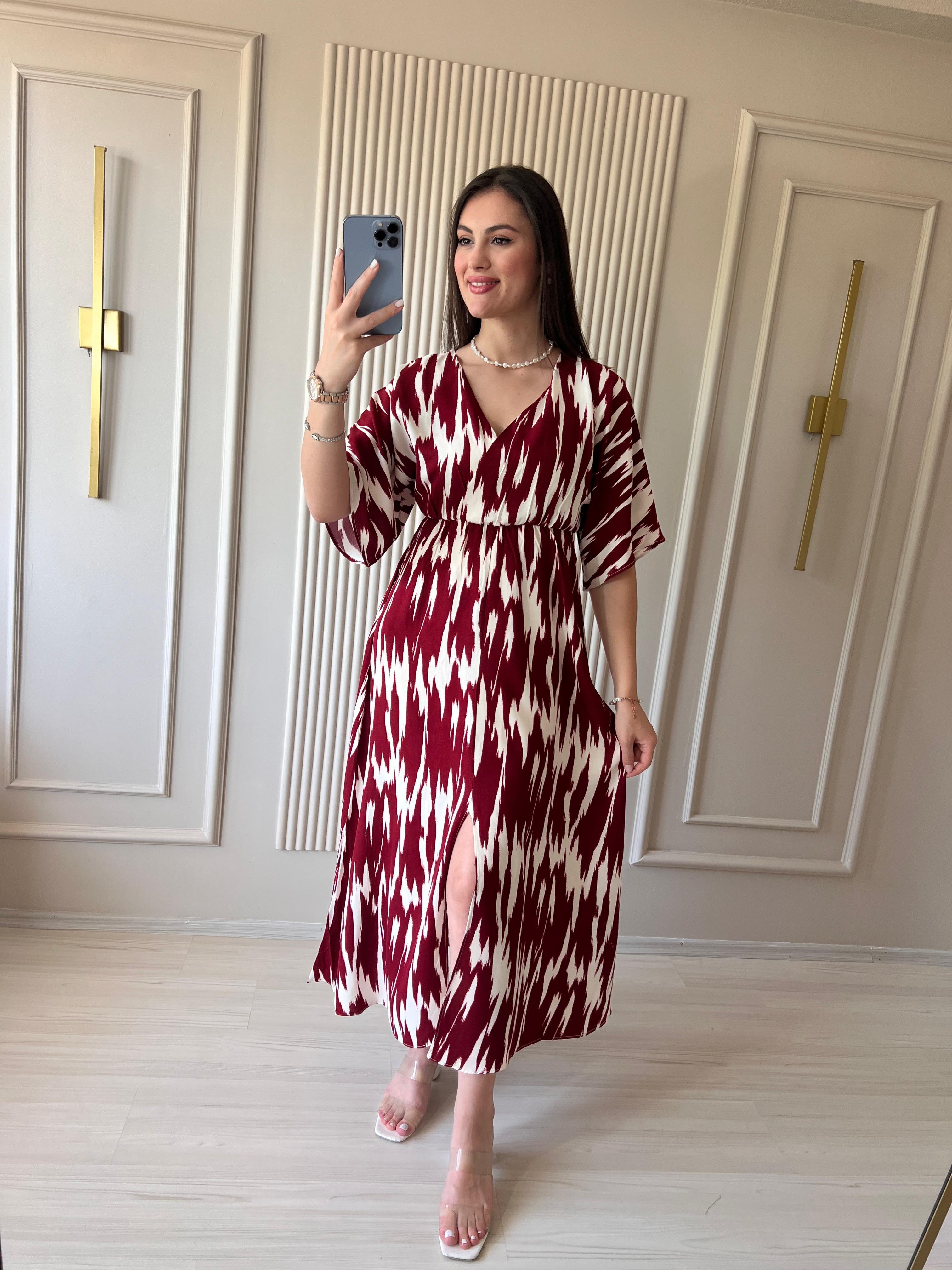 Kruvaze Yaka Desenli Elbise Bordo - 1020