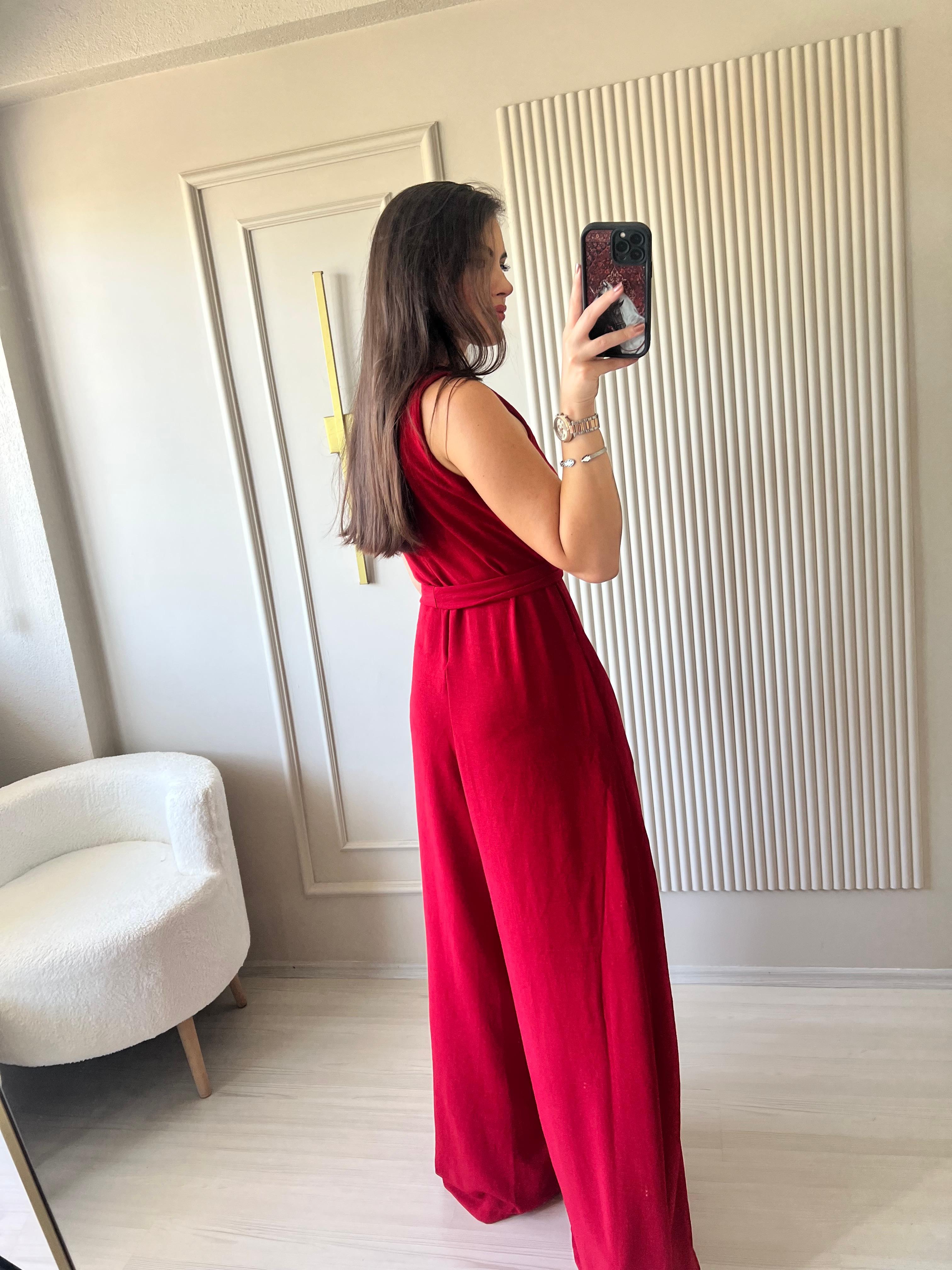 Kuşaklı Cepli Tulum Kırmızı - 1022
