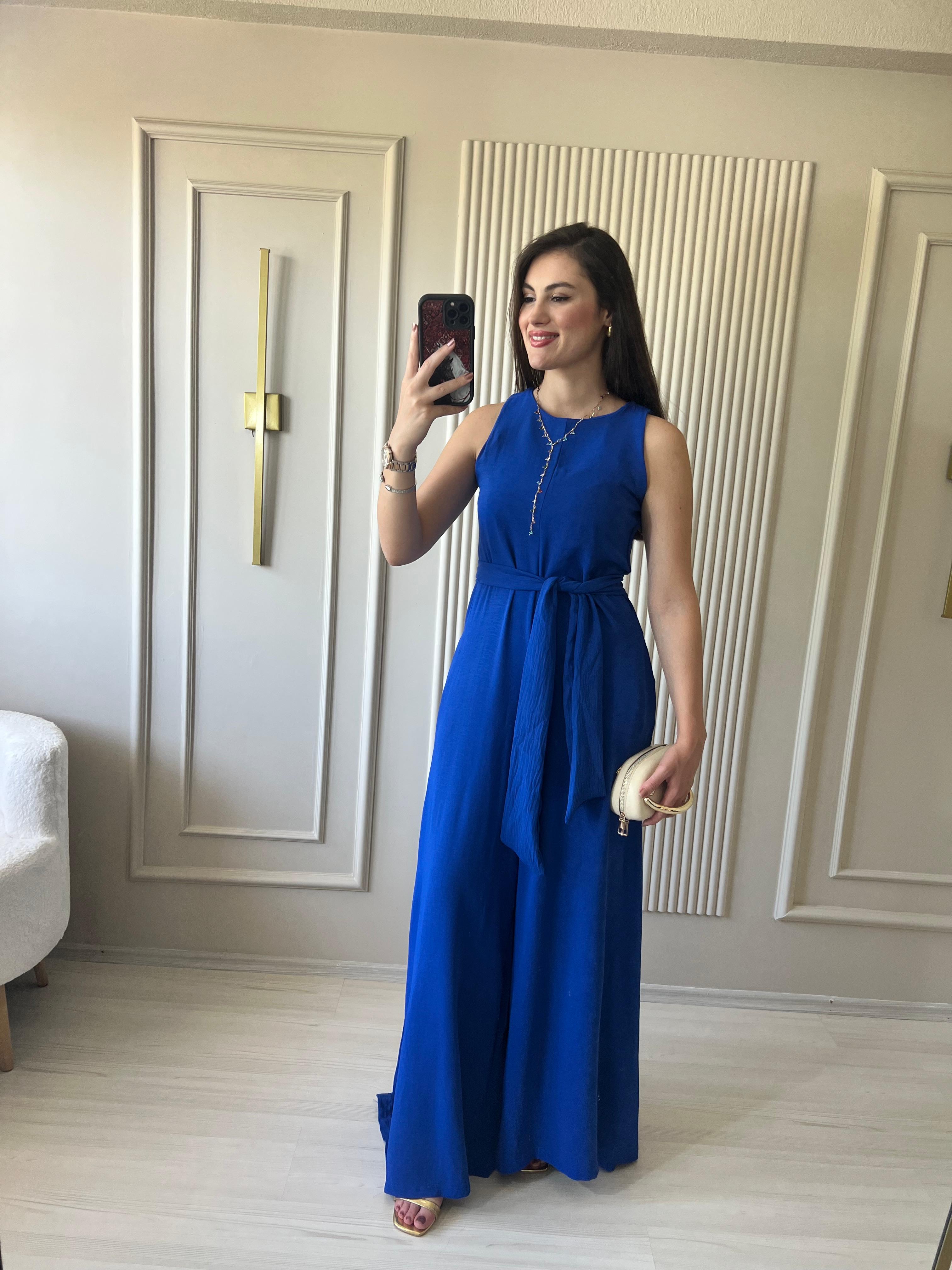 Kuşaklı Cepli Tulum Saks Mavi  - 1022