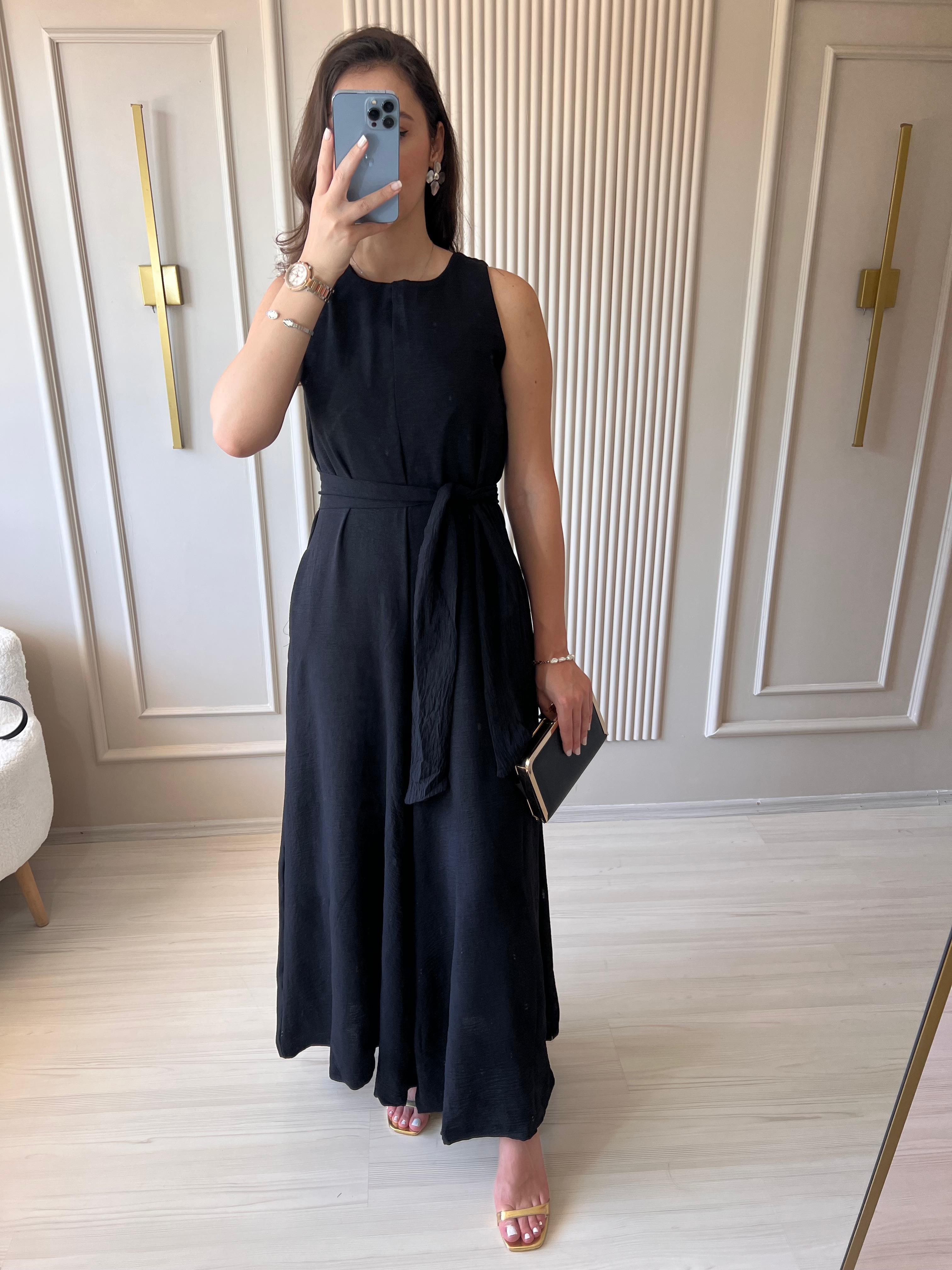 Kuşaklı Cepli Tulum Siyah - 1022