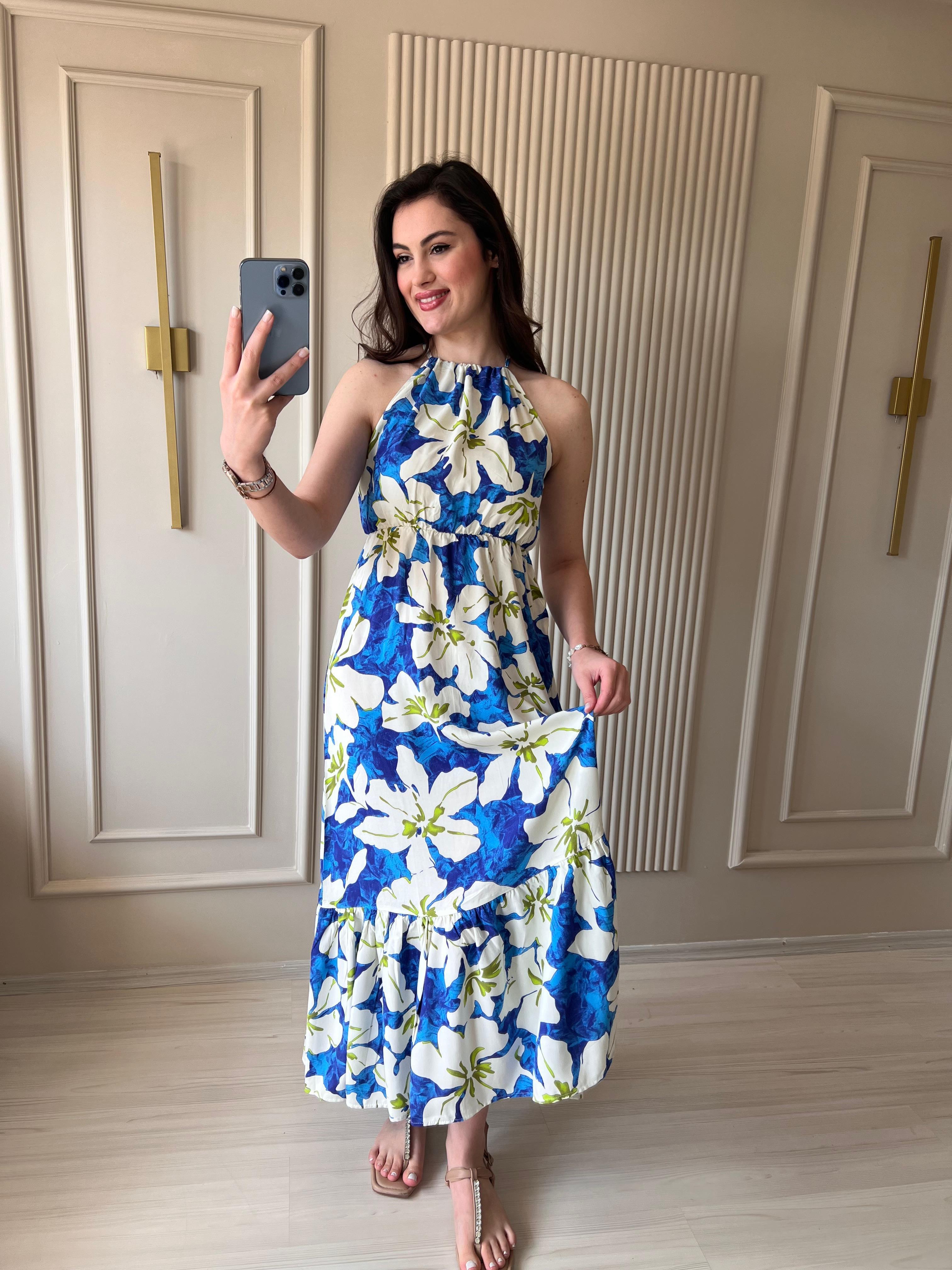 Manolya Çiçekli Mavi Elbise