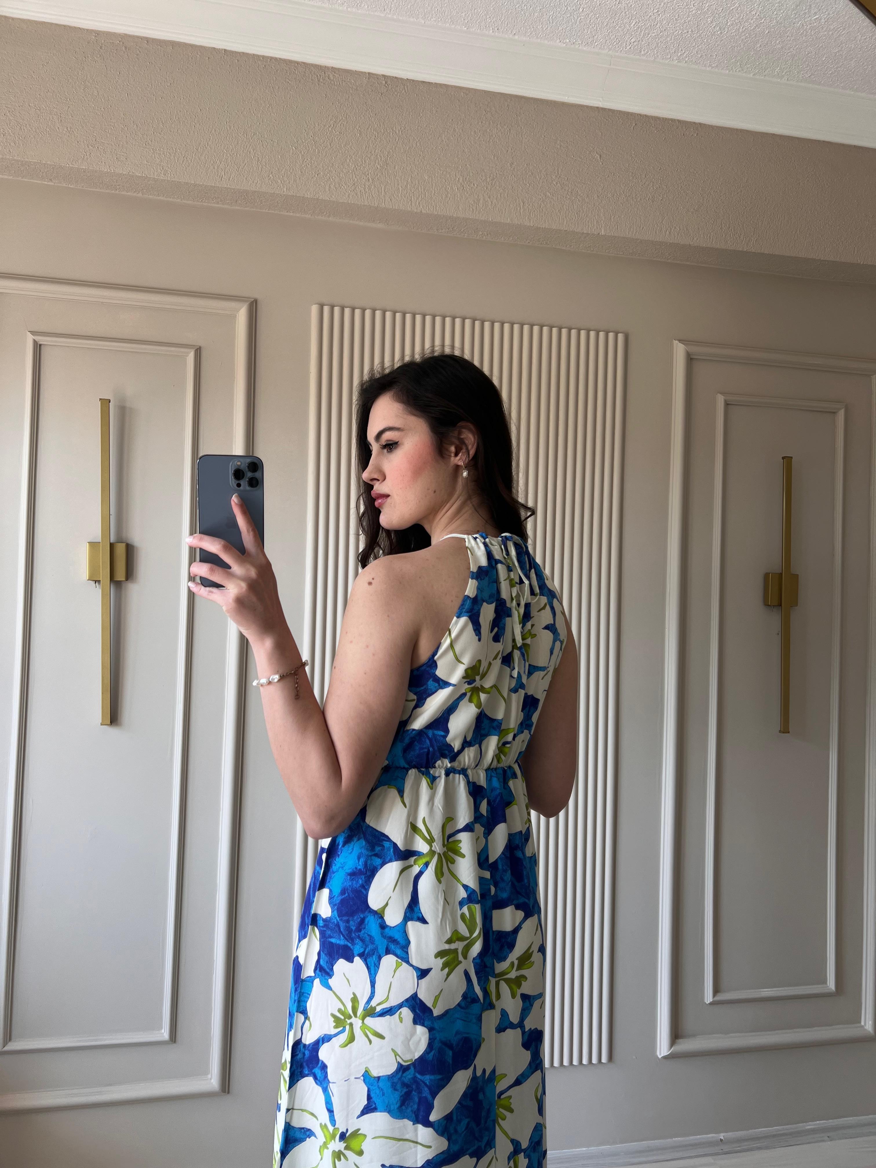 Manolya Çiçekli Mavi Elbise