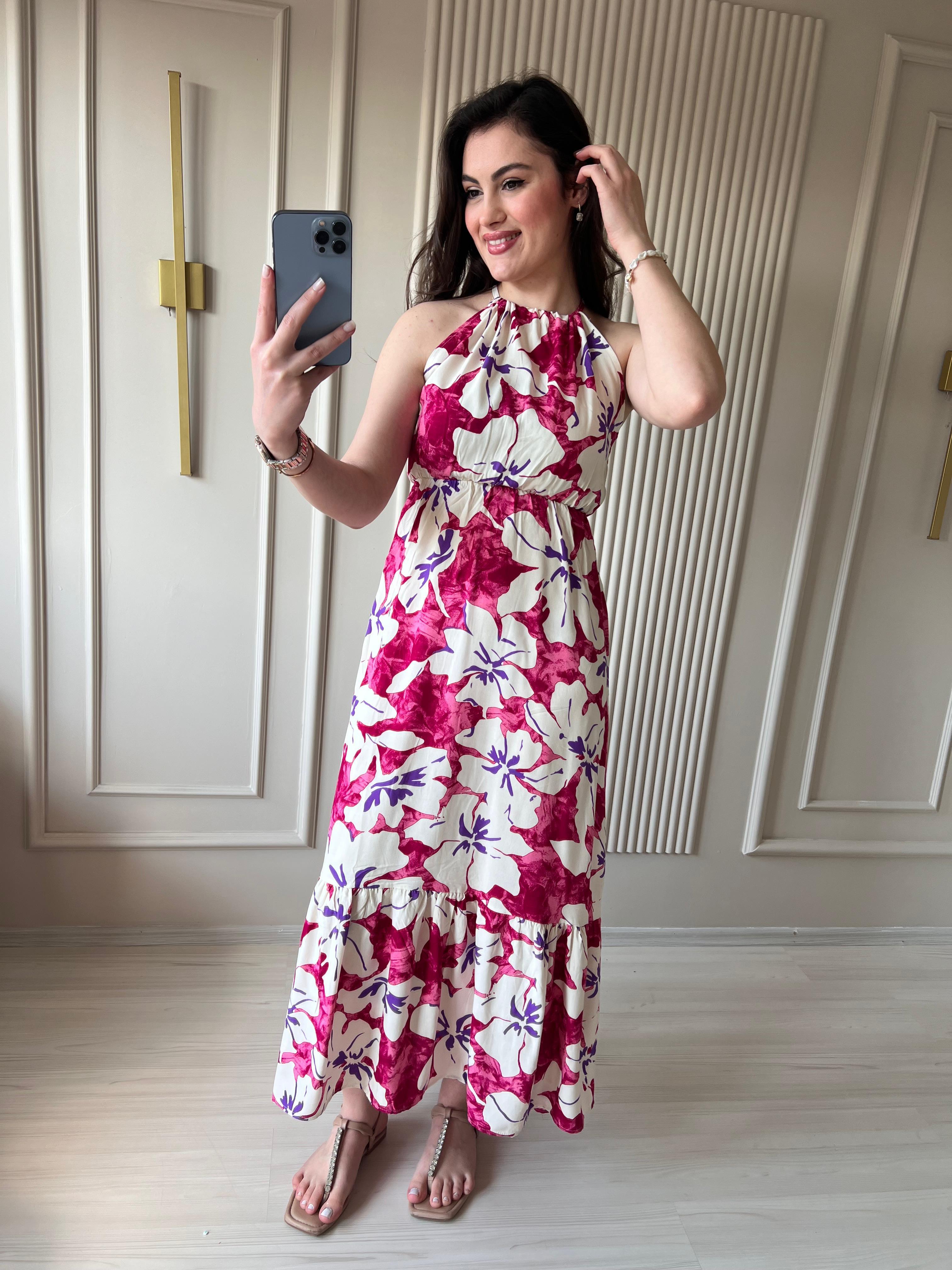 Manolya Çiçekli Pembe Elbise