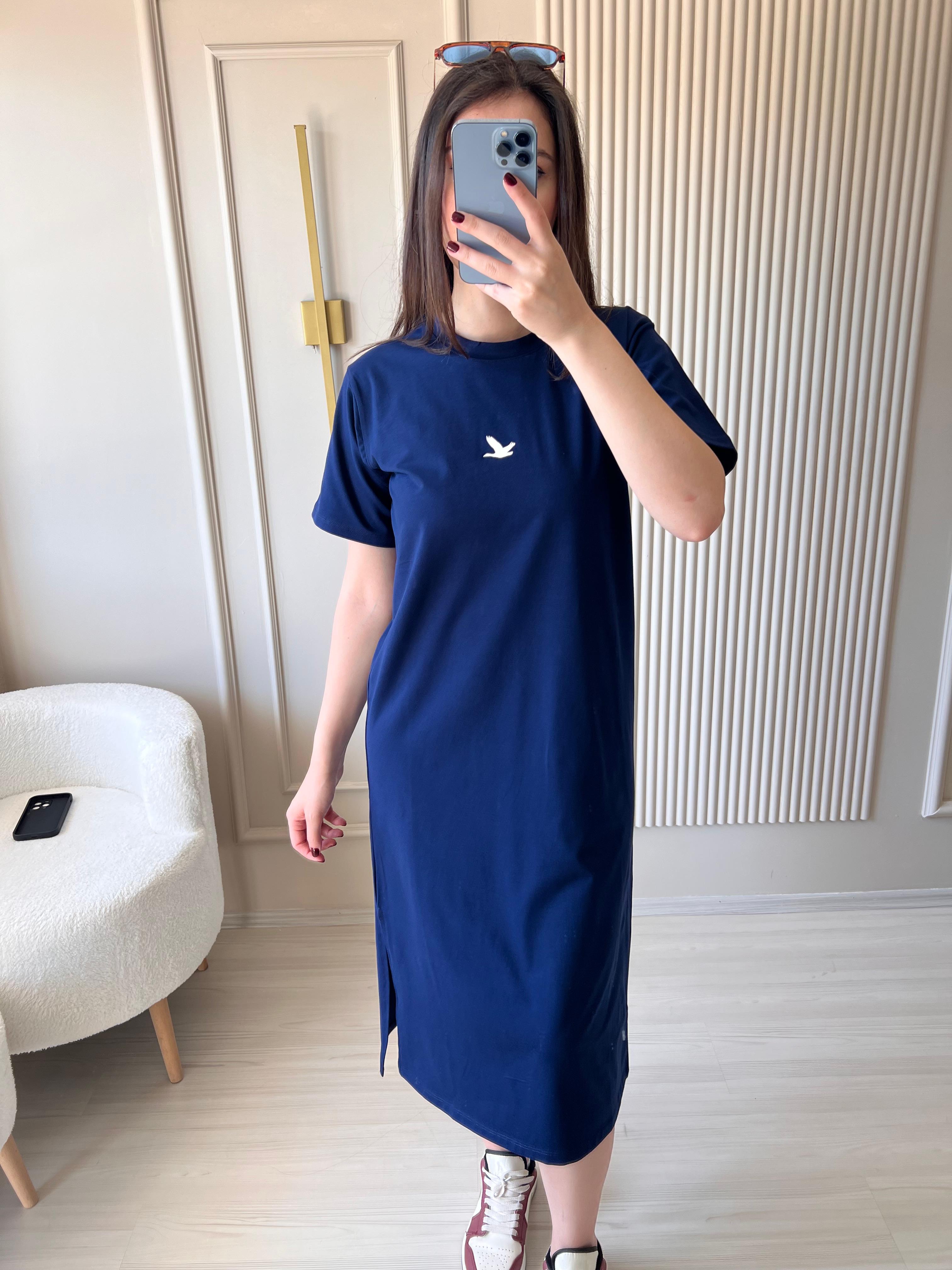 Modal Kumaş Basic Elbise lacivert-1017
