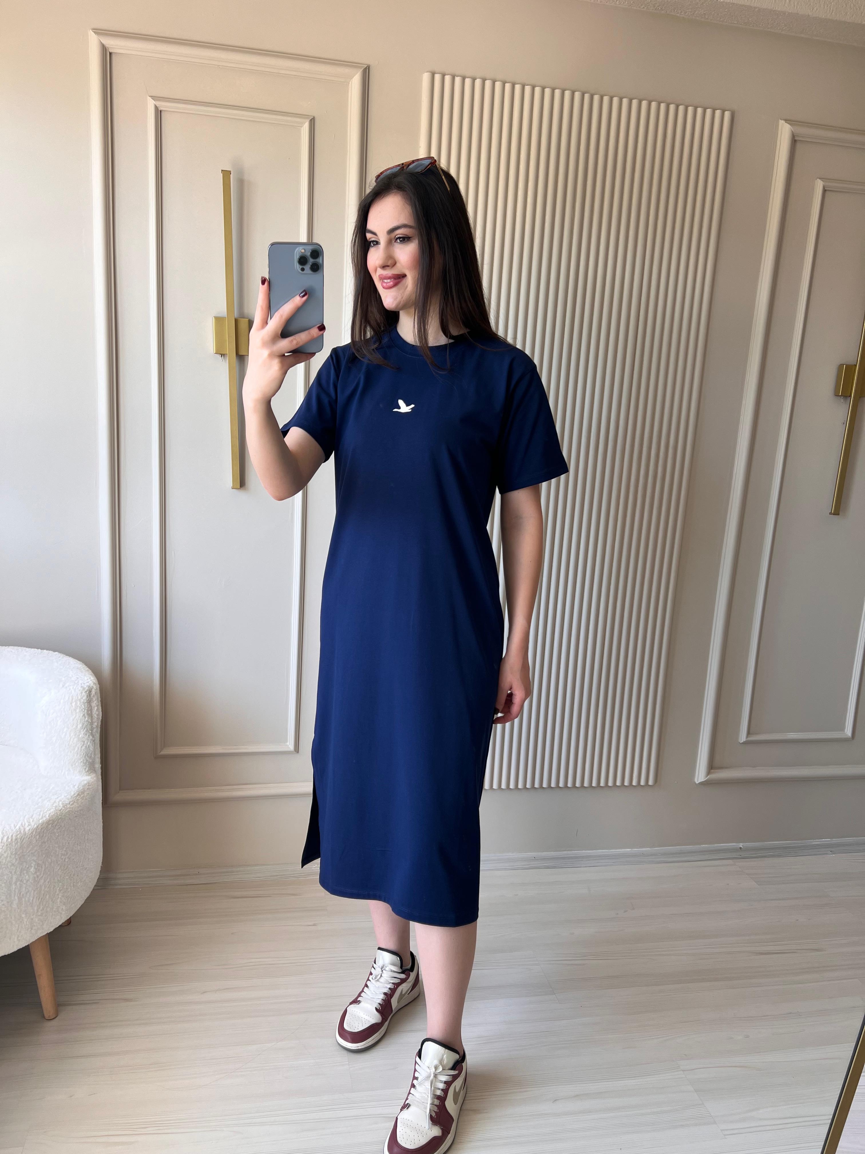 Modal Kumaş Basic Elbise lacivert-1017