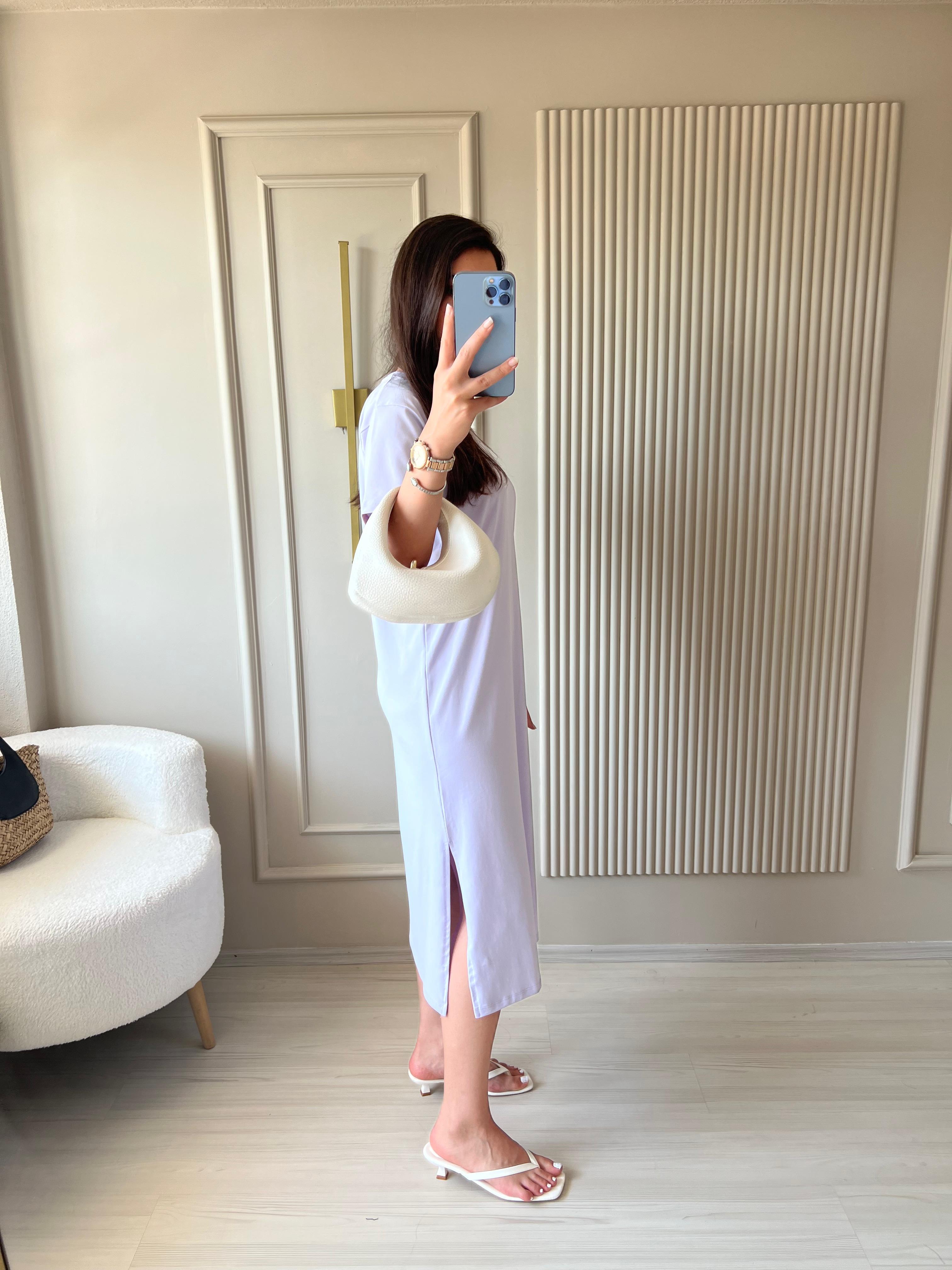 Modal Kumaş Basic Elbise Lila -1017