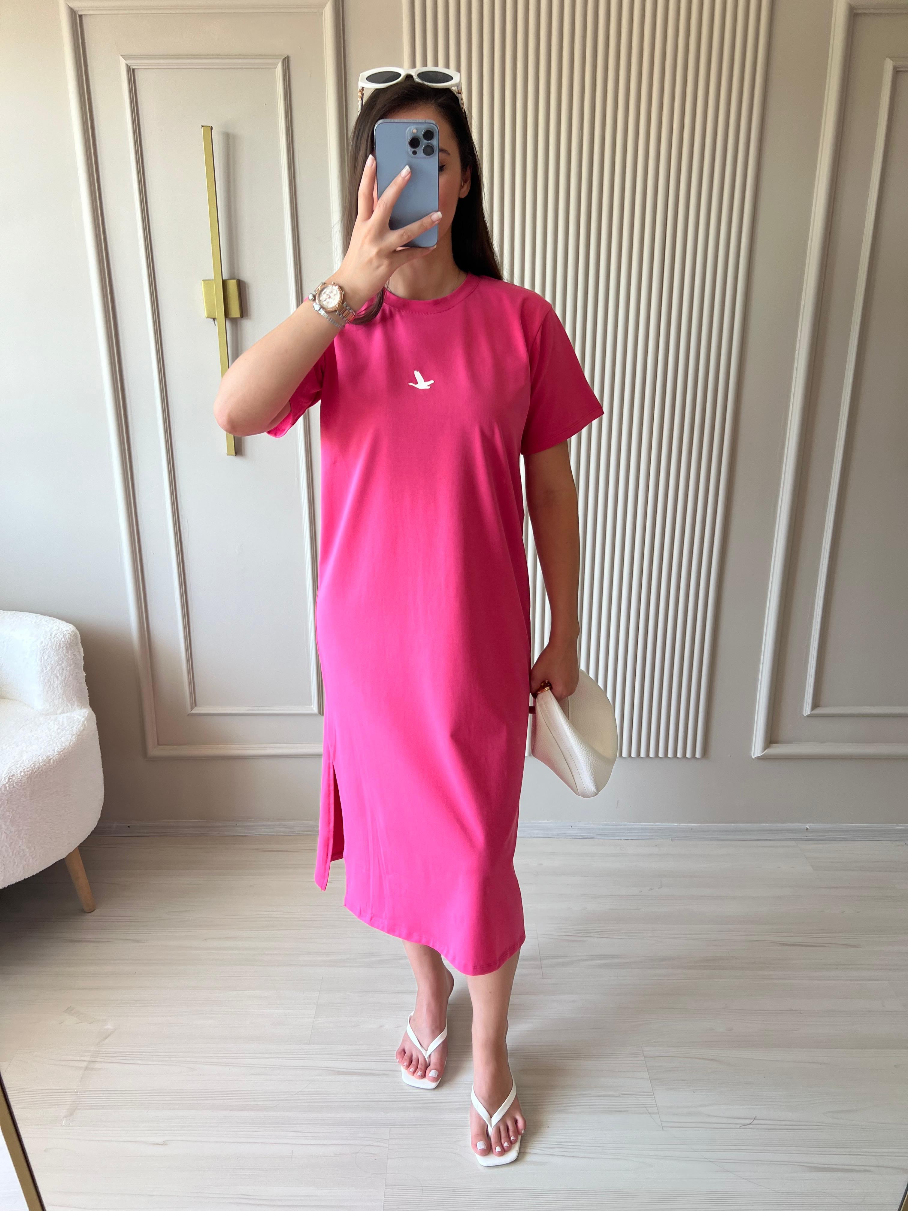 Modal Kumaş Basic Elbise Pembe -1017