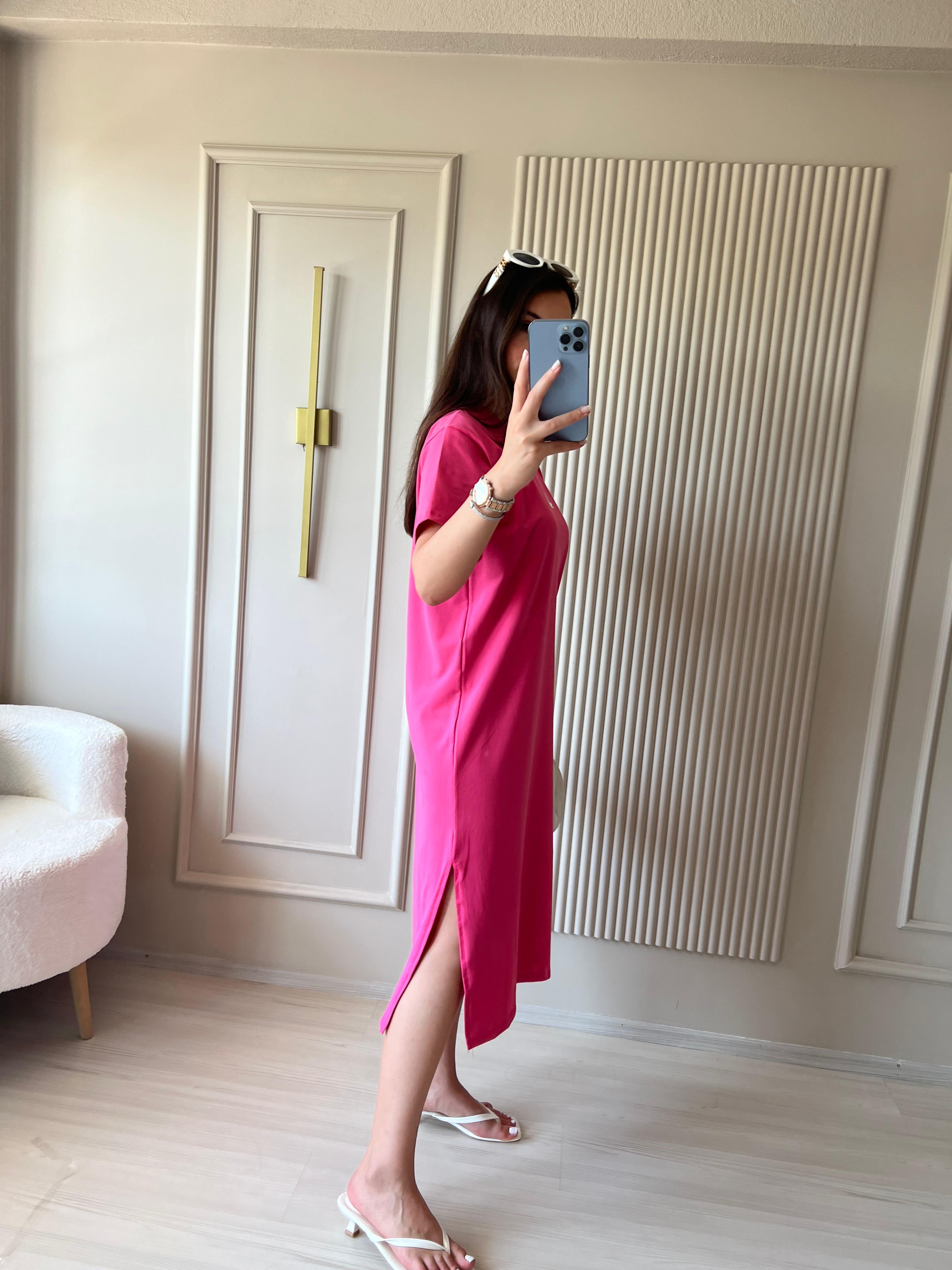 Modal Kumaş Basic Elbise Pembe -1017