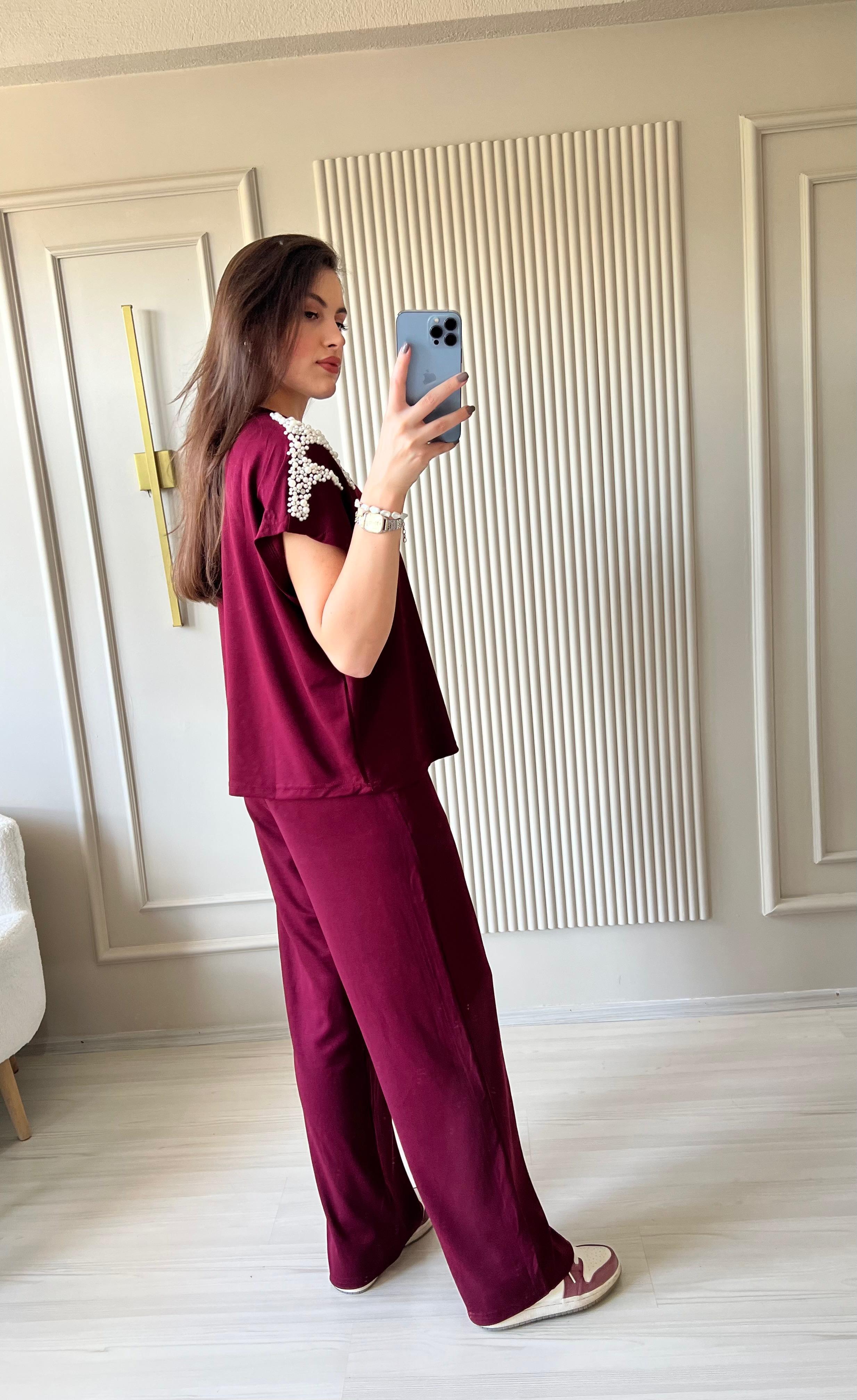 Omzu İncili Modal Takım Bordo  - 1029