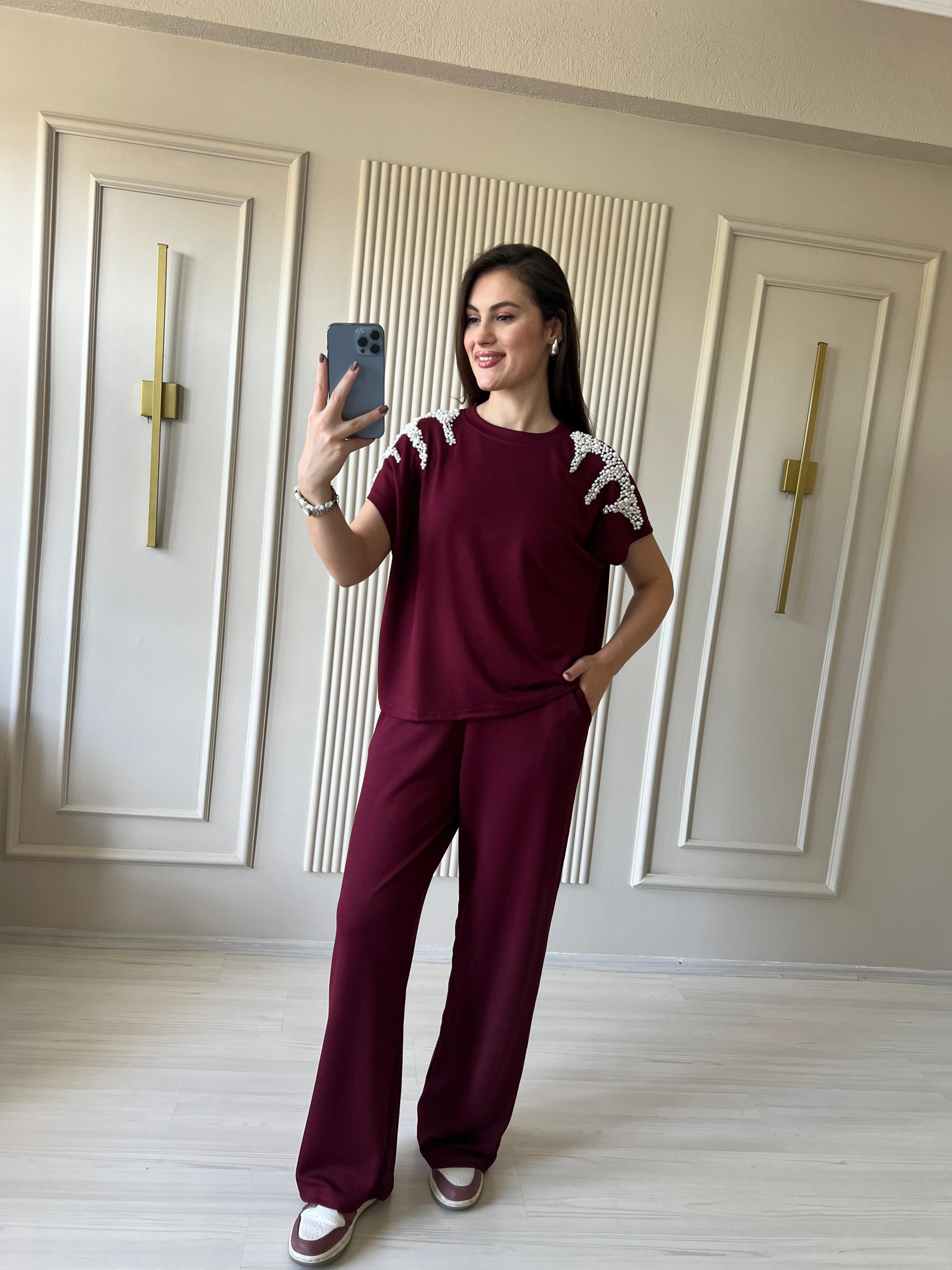 Omzu İncili Modal Takım Bordo  - 1029