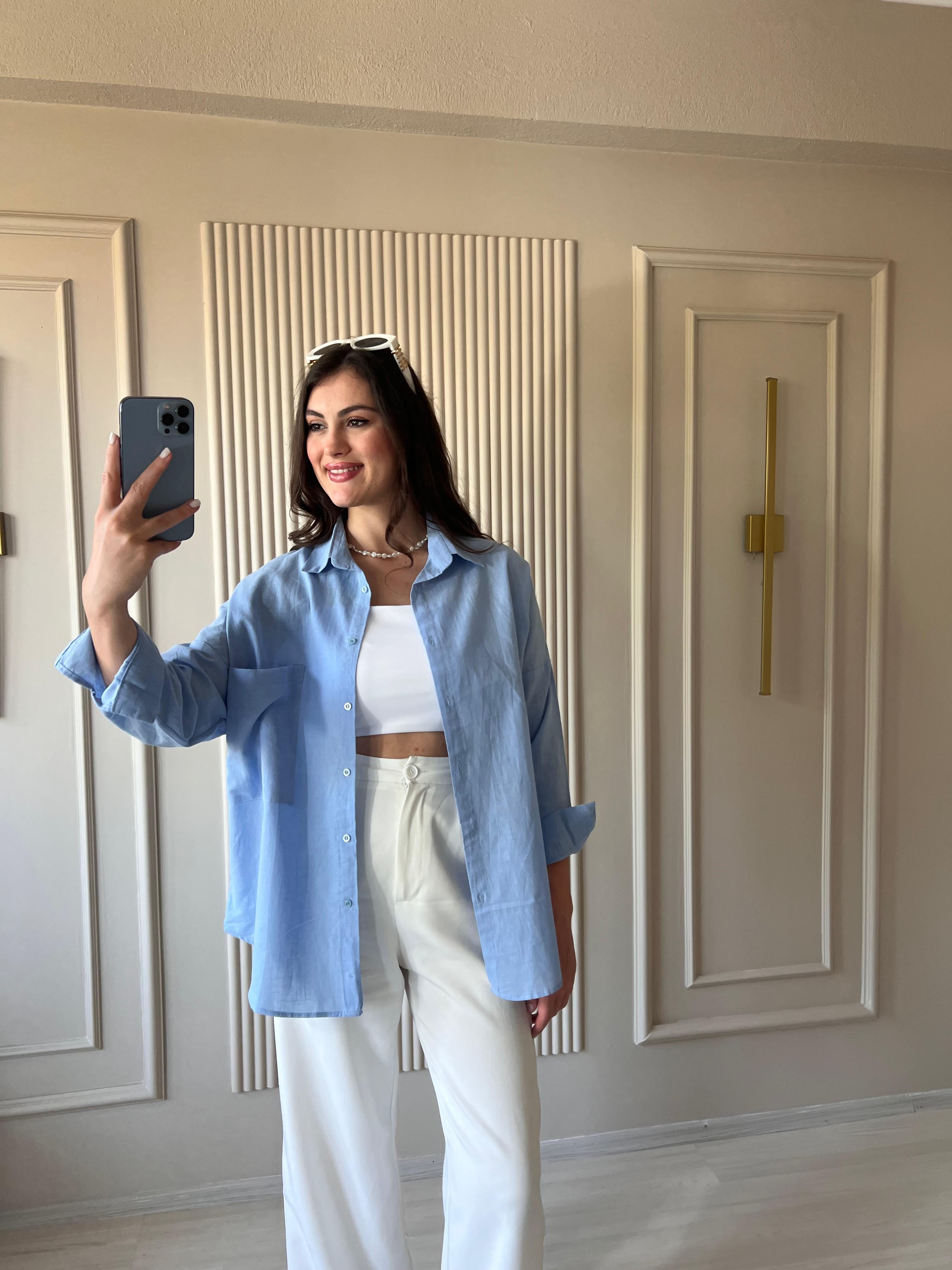 Oversize Keten Gömlek Bebe Mavi  - 1021