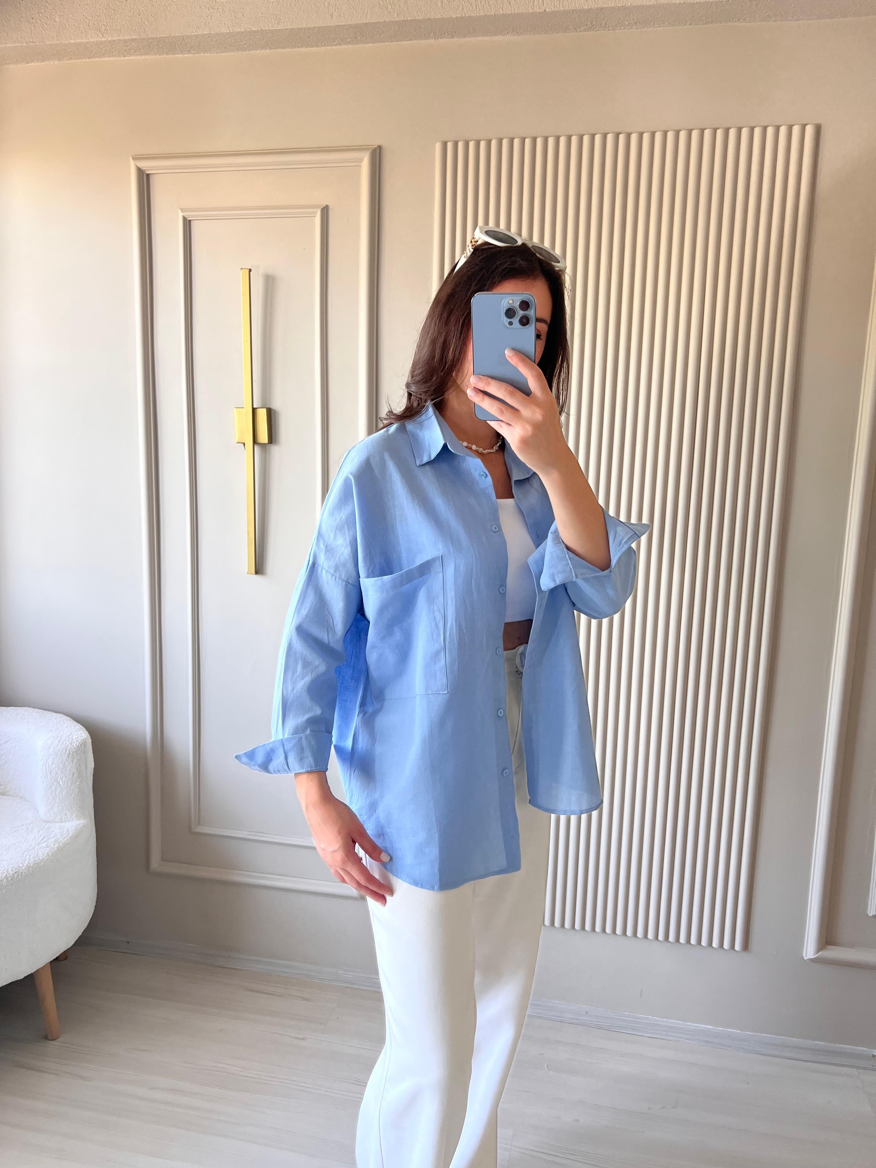 Oversize Keten Gömlek Bebe Mavi  - 1021