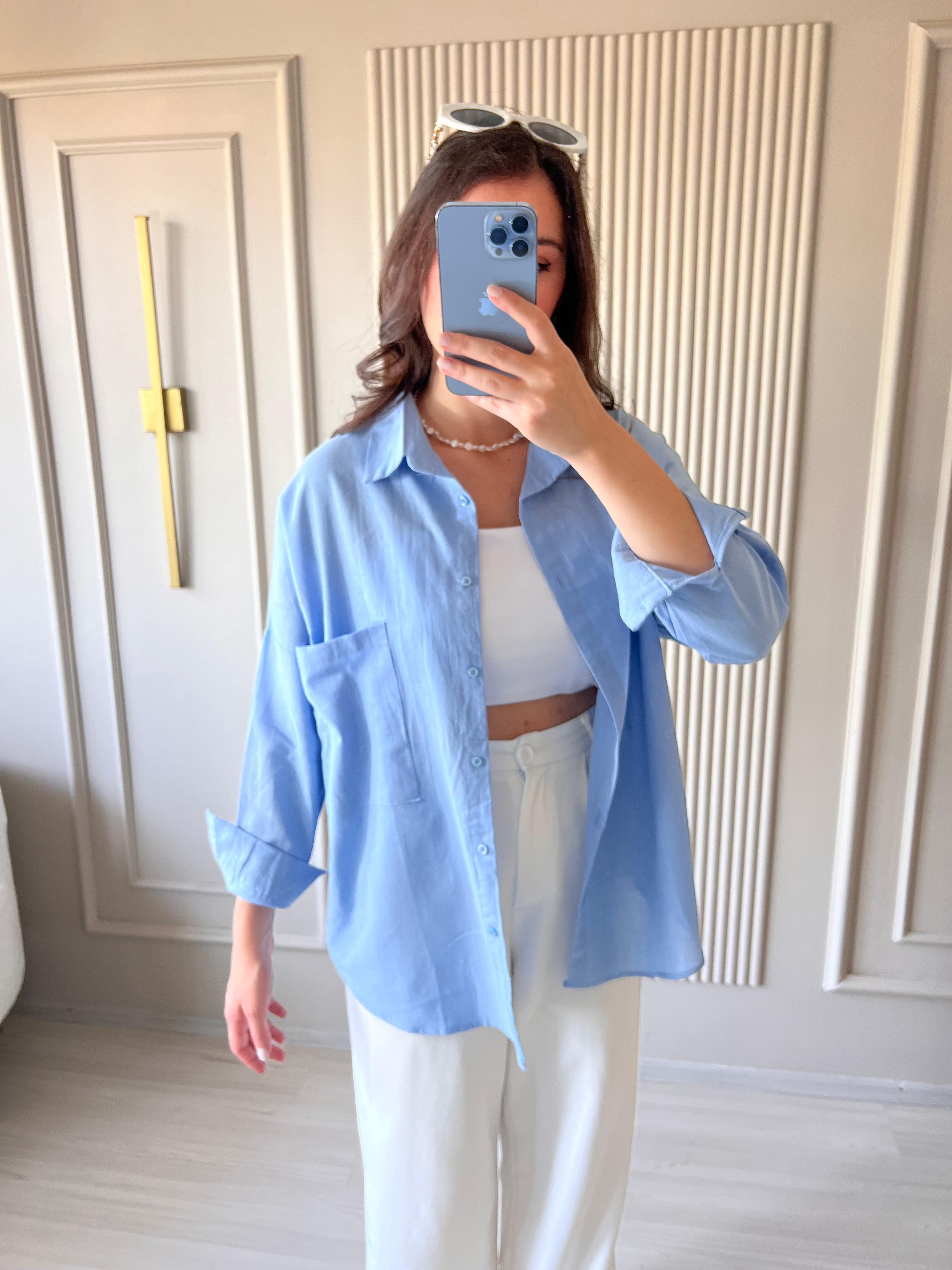 Oversize Keten Gömlek Bebe Mavi  - 1021