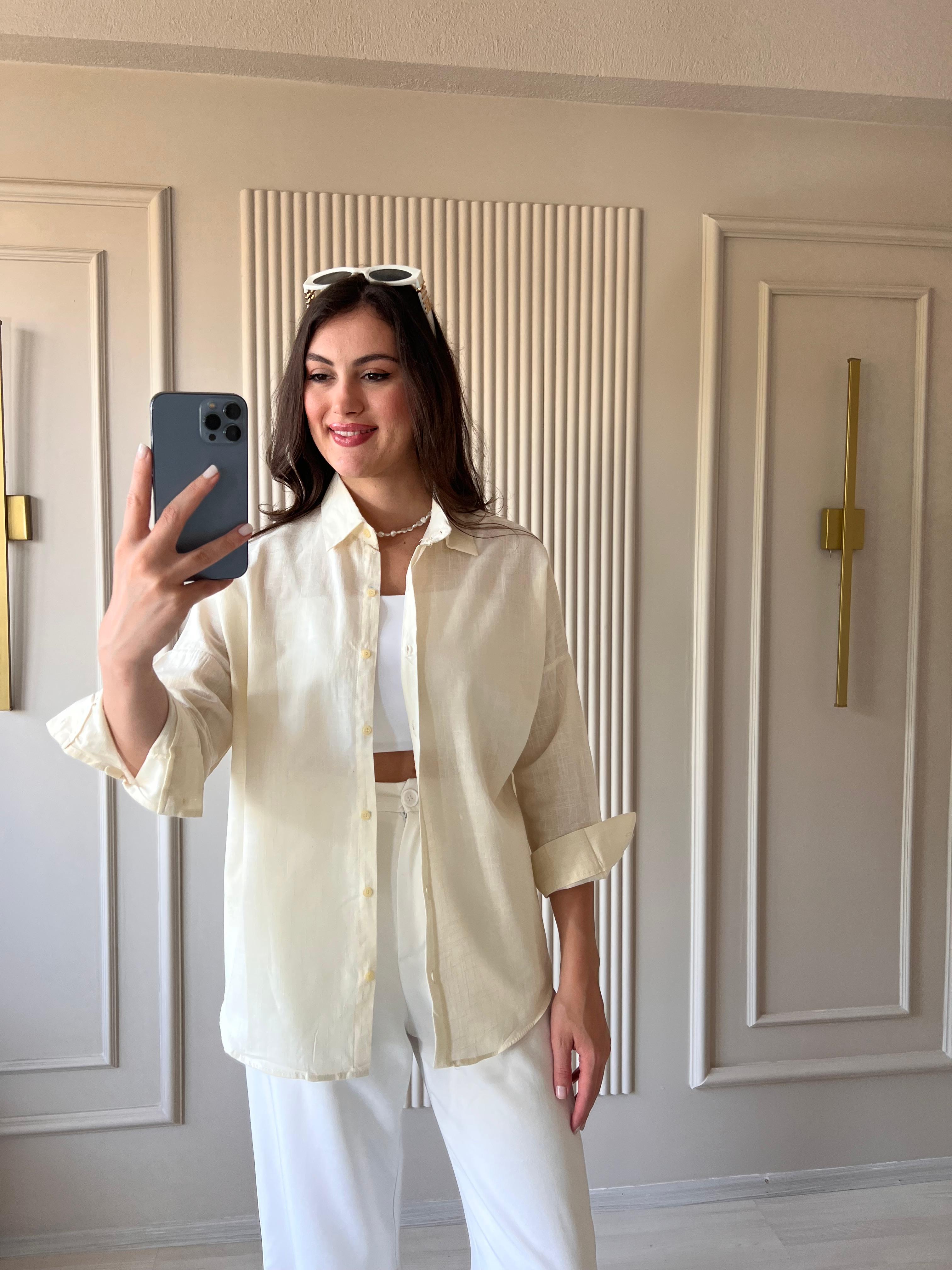 Oversize Keten Gömlek Bej - 1021