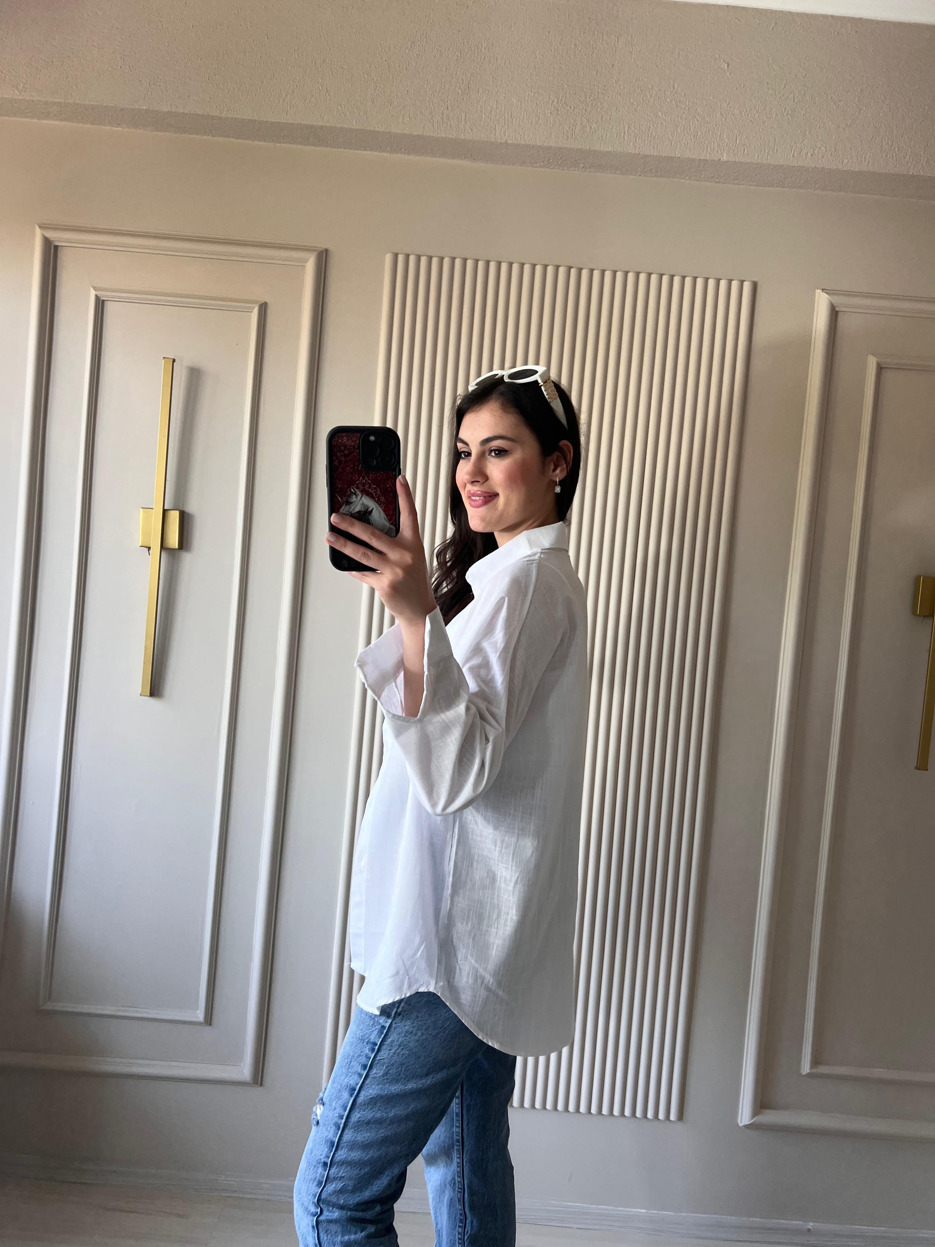 Oversize Keten Gömlek  Beyaz - 1021