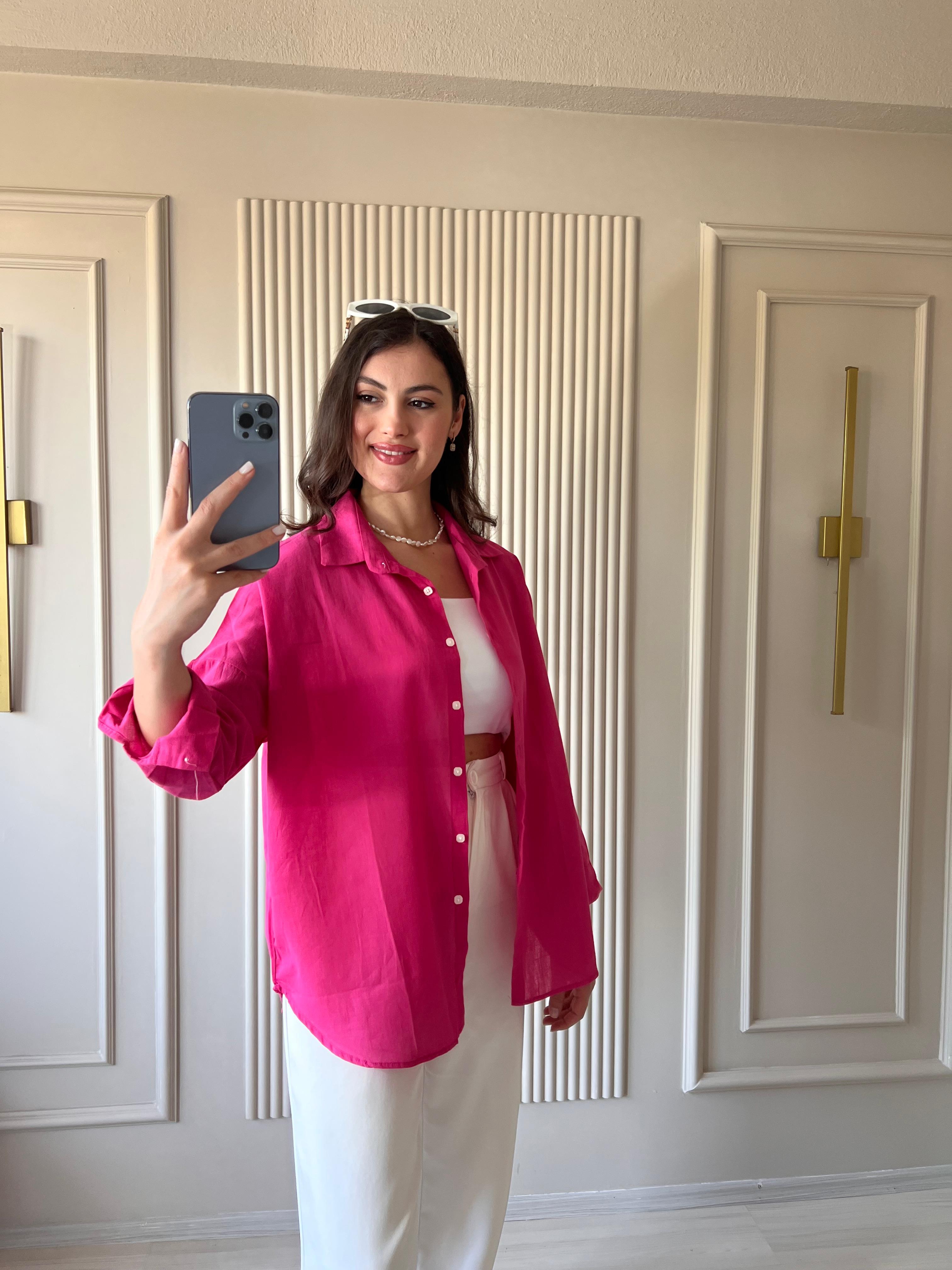 Oversize Keten Gömlek  Pembe - 1021