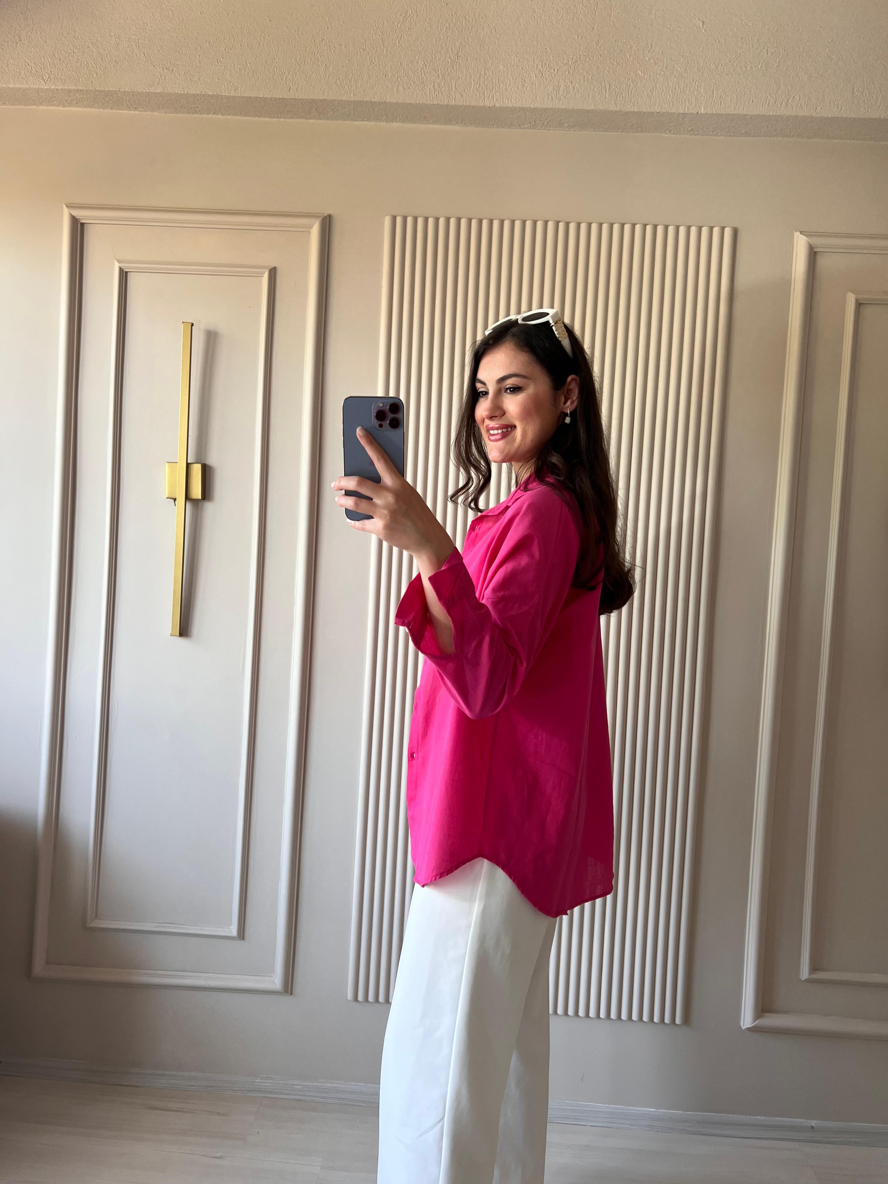 Oversize Keten Gömlek  Pembe - 1021