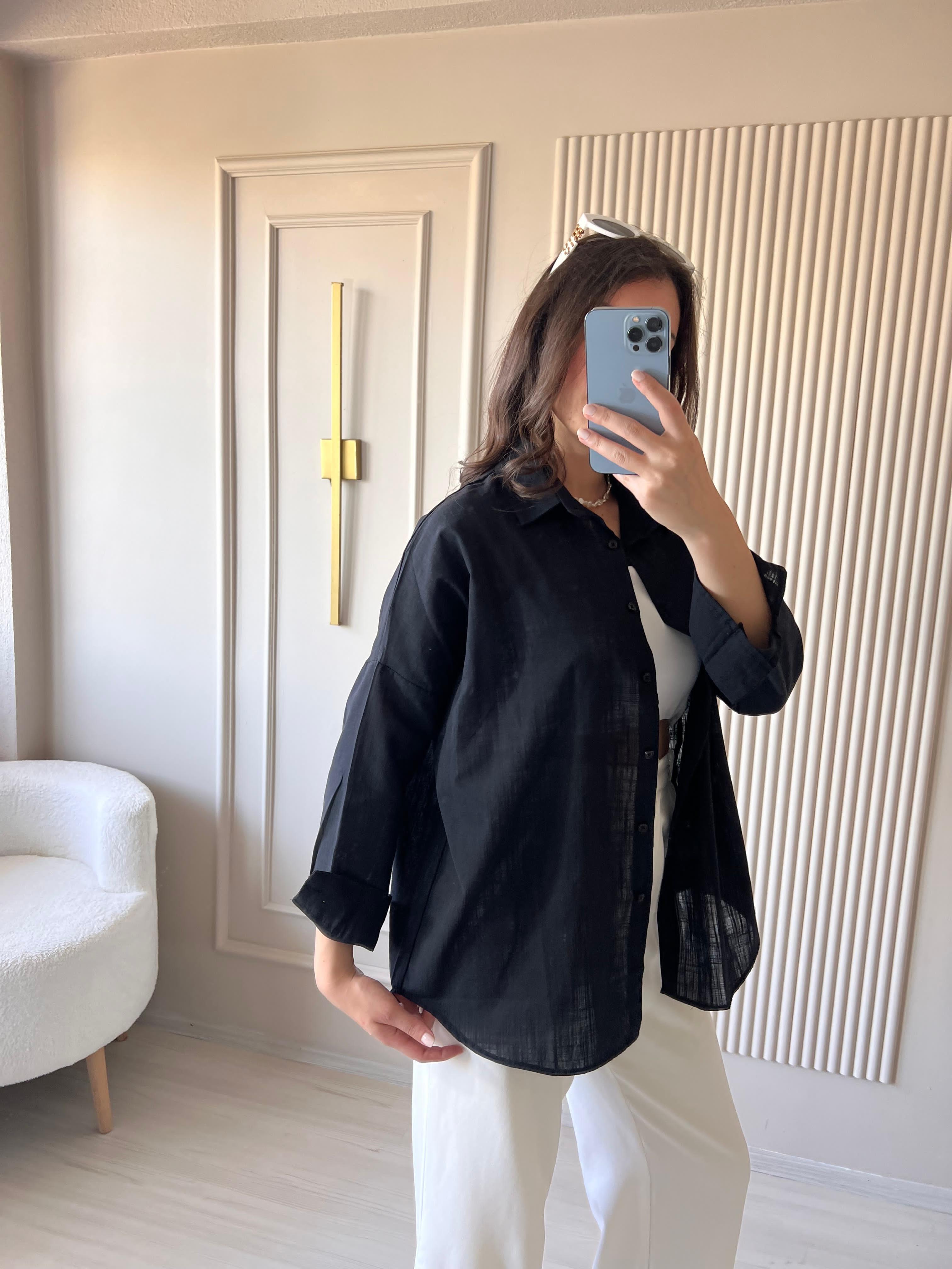 Oversize Keten Gömlek Siyah  - 1021