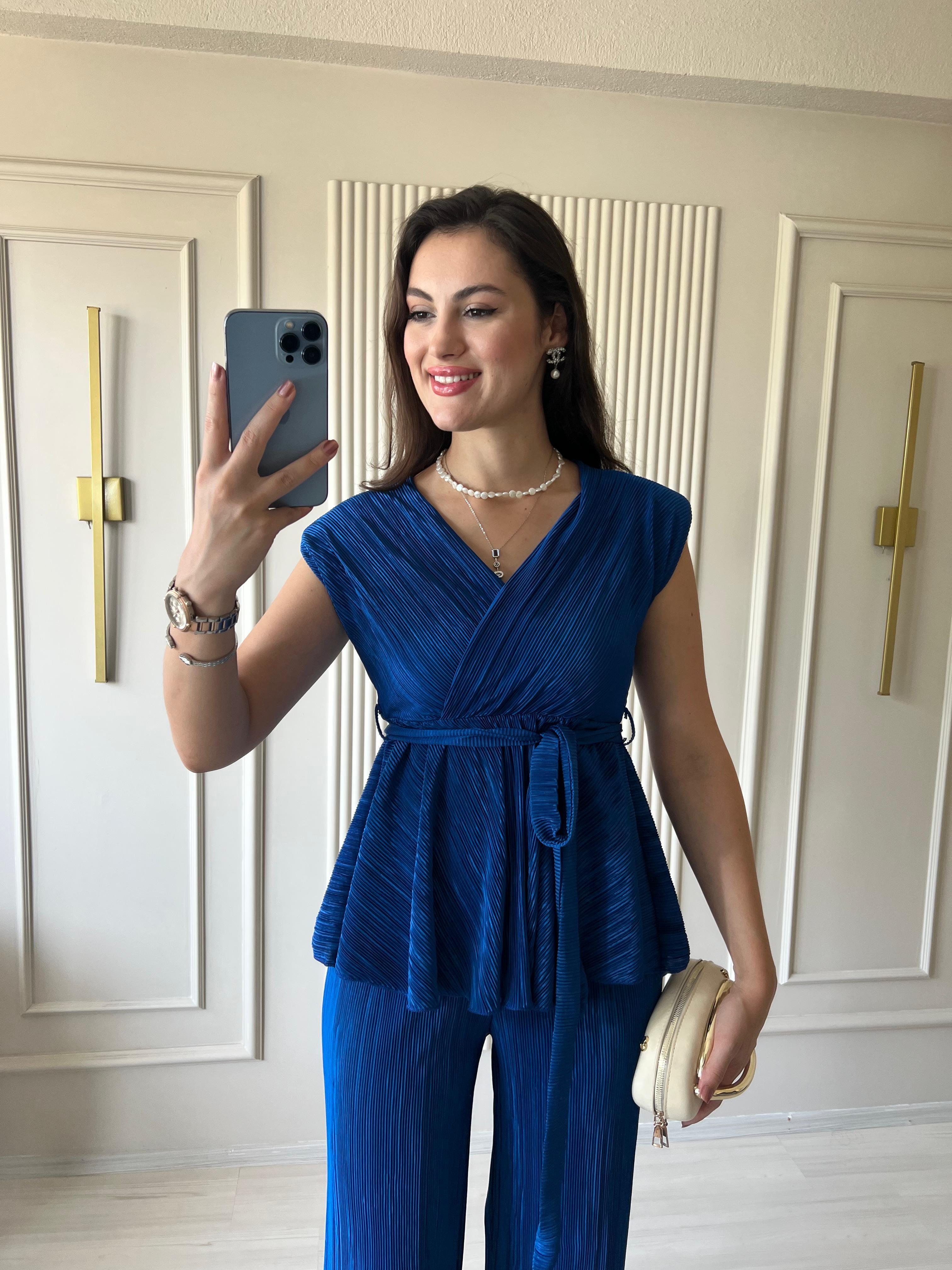 Piliseli Vatkalı Takım Saks Mavi  - 1025