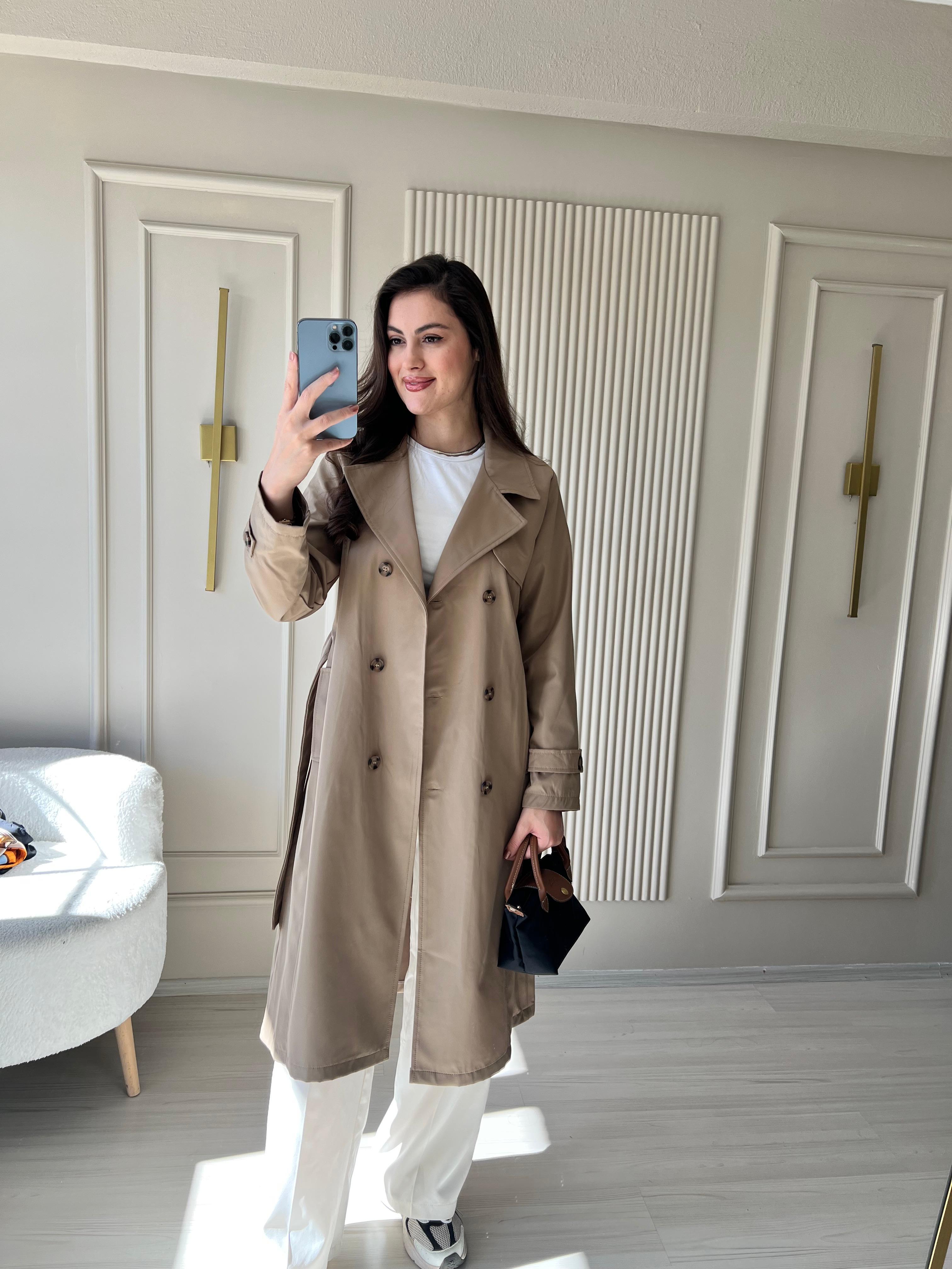 Premium Uzun Trençkot Taş - 1036