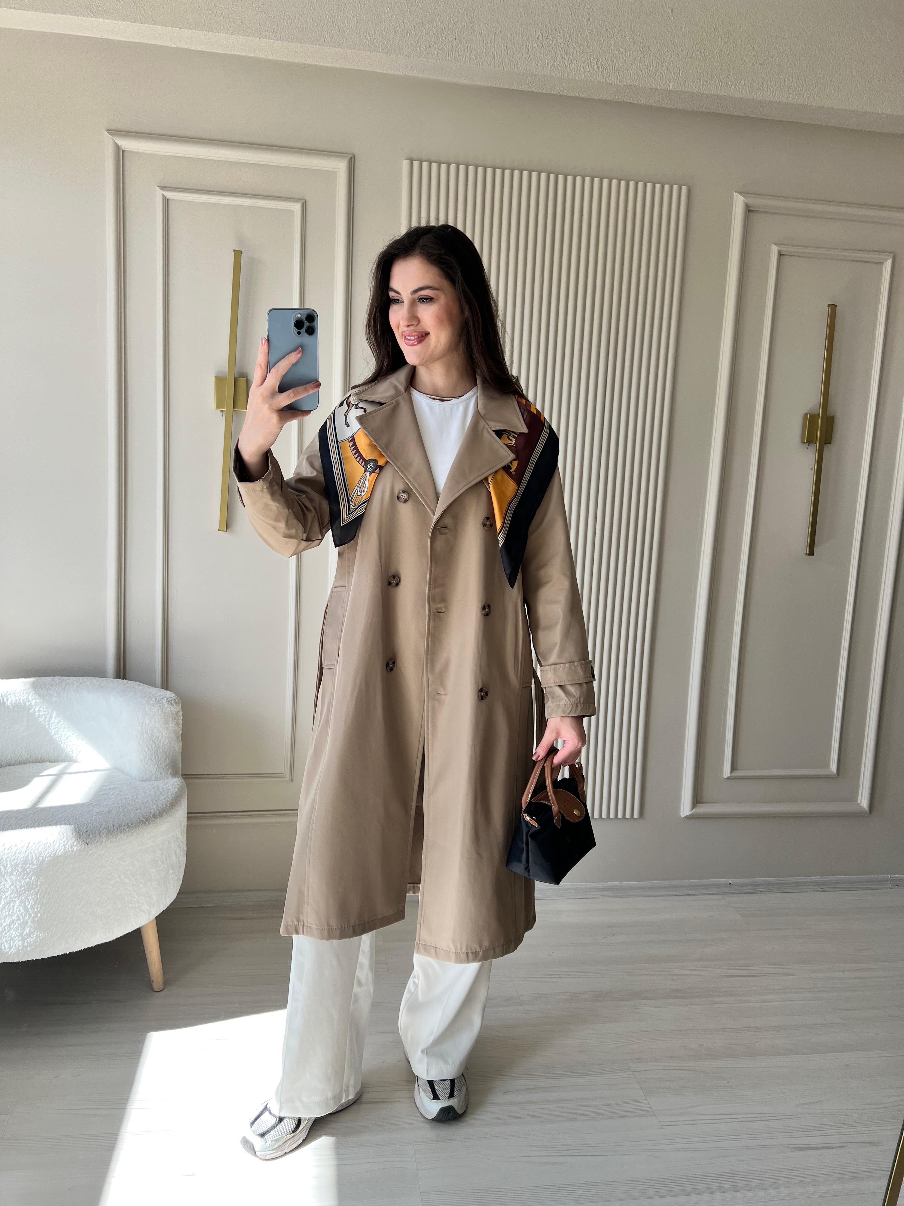 Premium Uzun Trençkot Taş - 1036