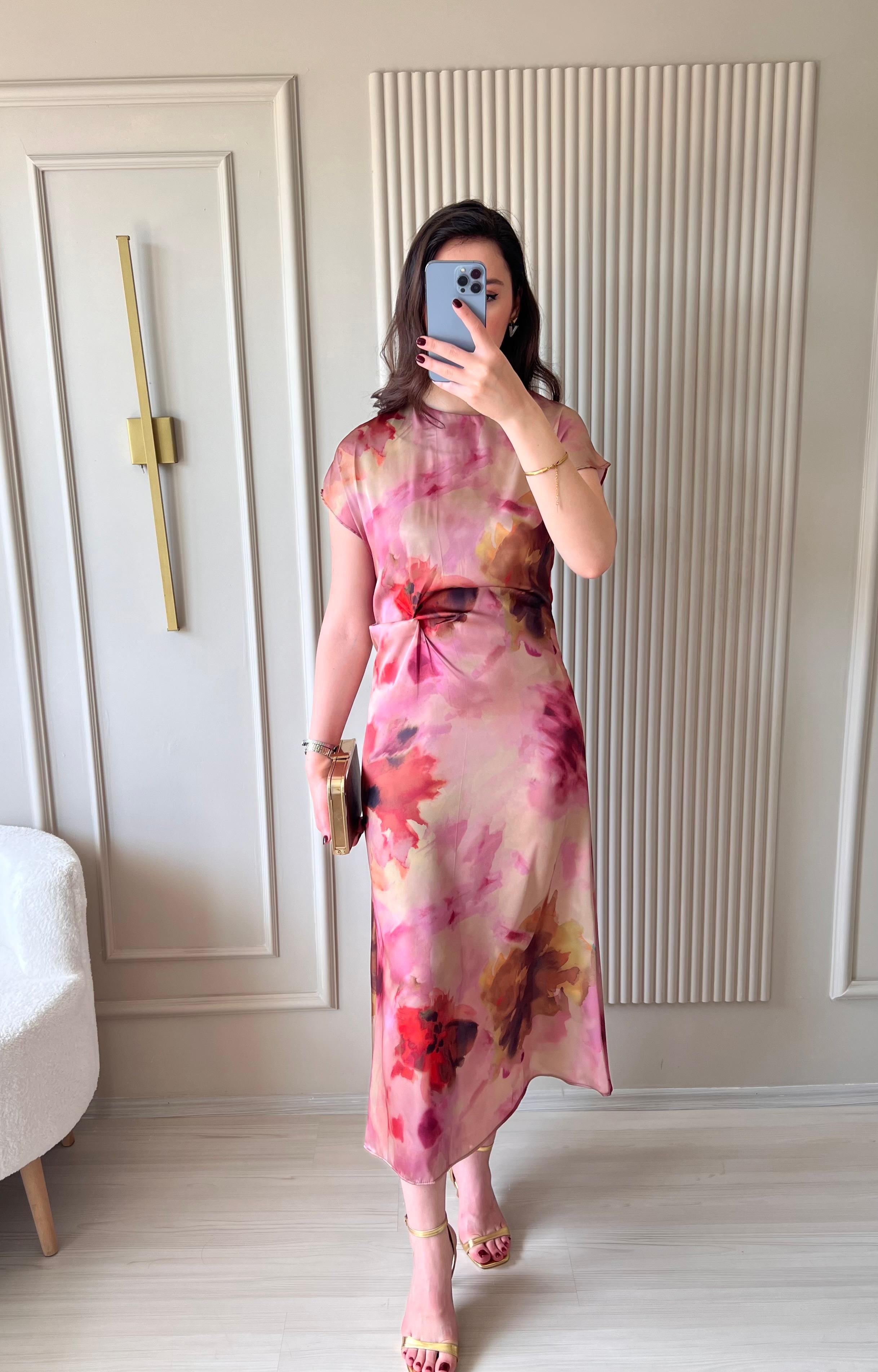 Saten Elbise Pembe-1019