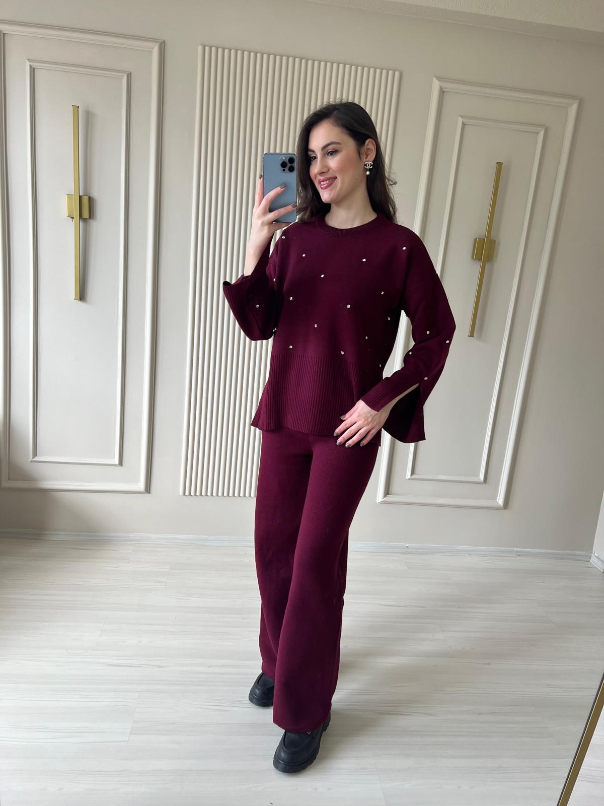 Taşlı Çelik Triko Mürdüm Takım - 1007
