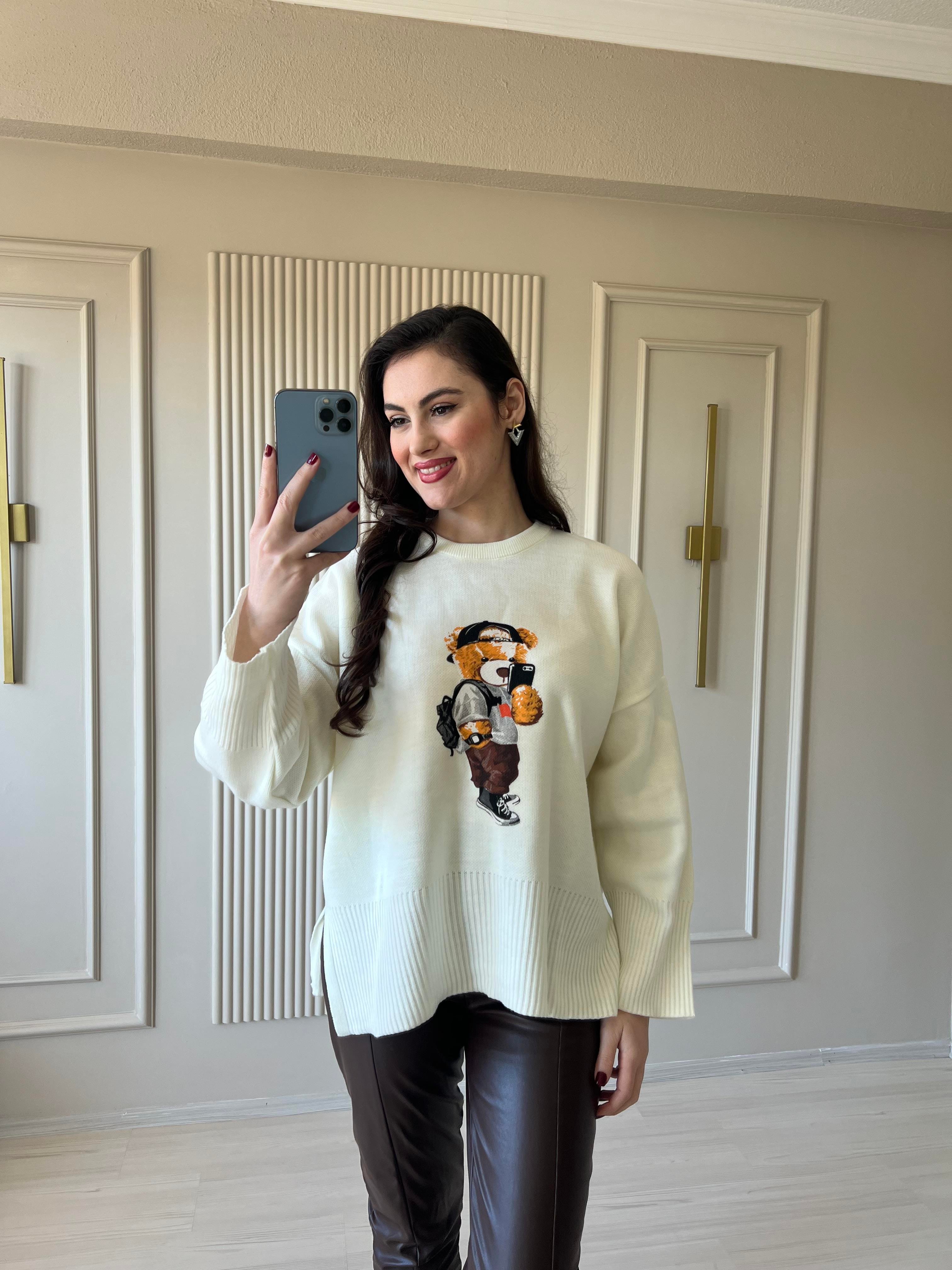 Teddy baskılı Bej sweatshirt