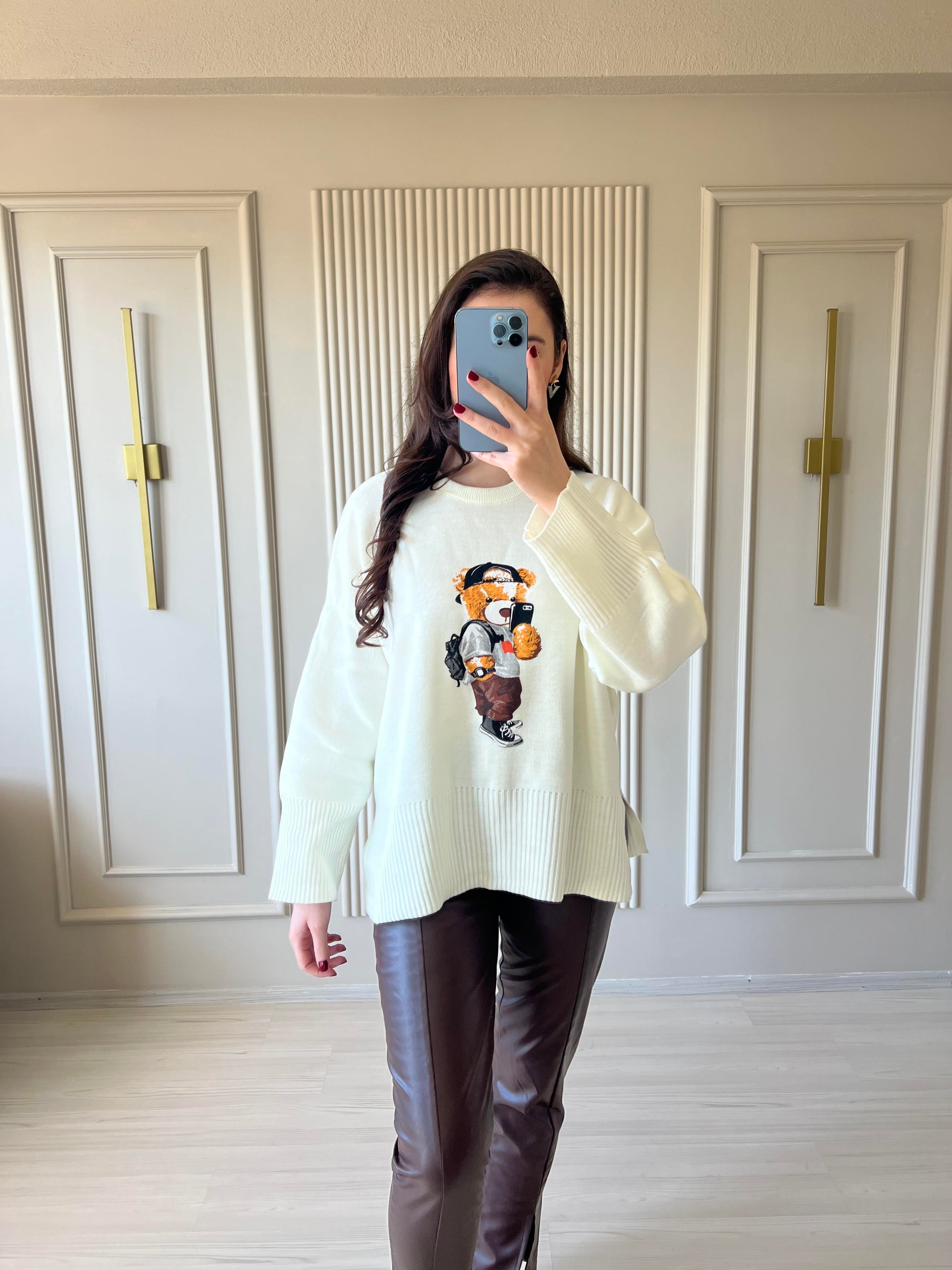 Teddy baskılı Bej sweatshirt