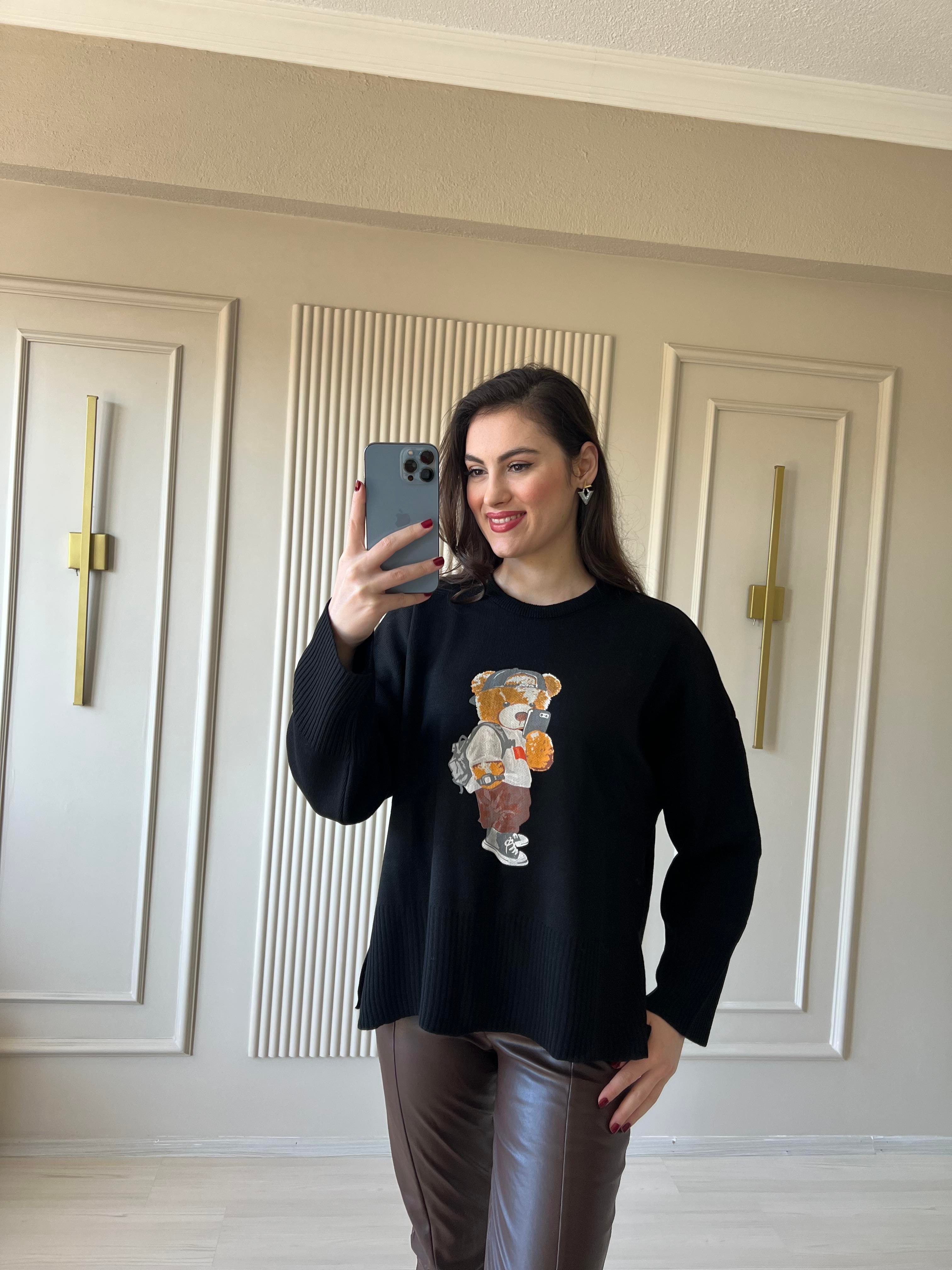 Teddy baskılı Siyah sweatshirt