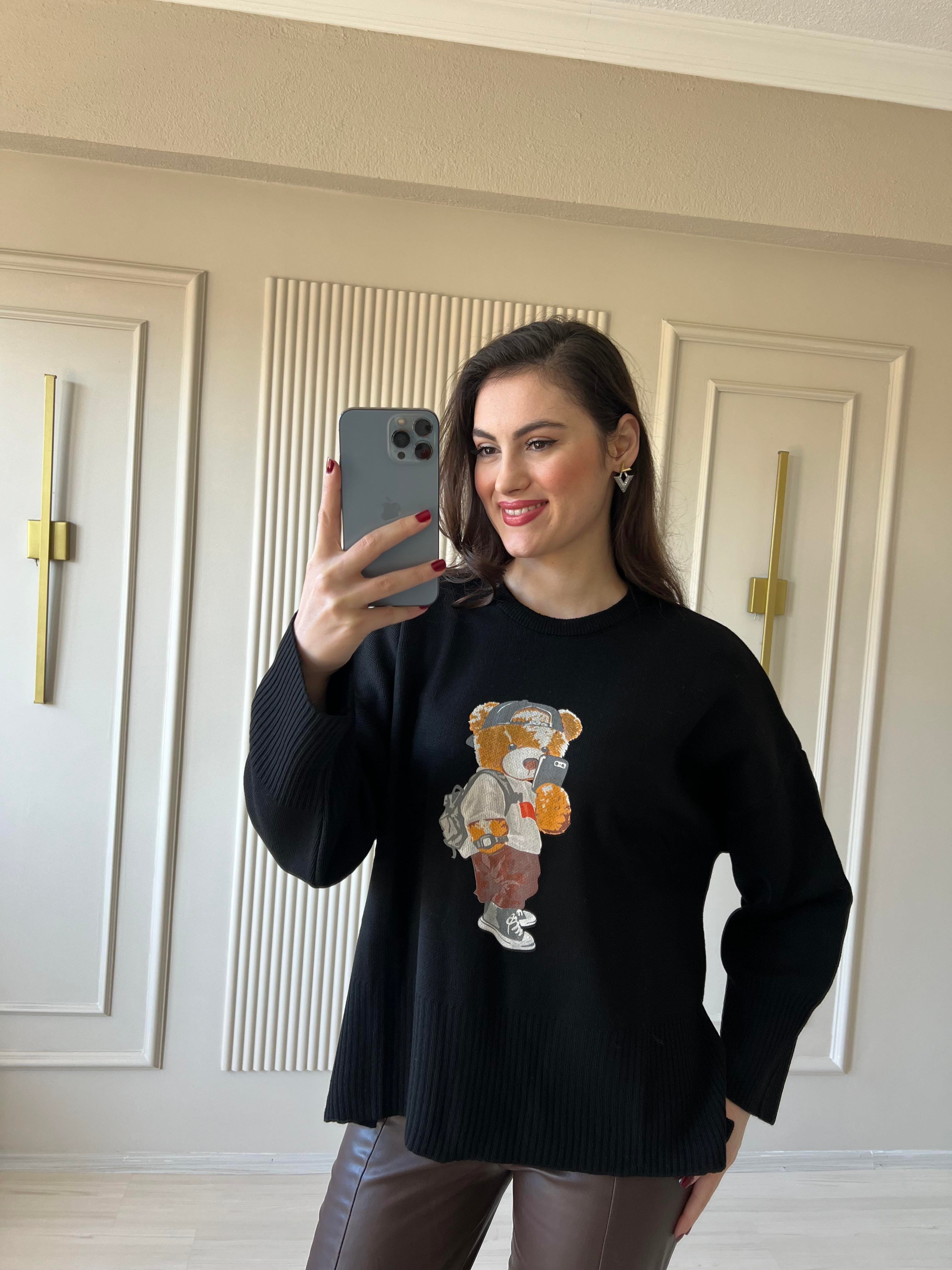 Teddy baskılı Siyah sweatshirt