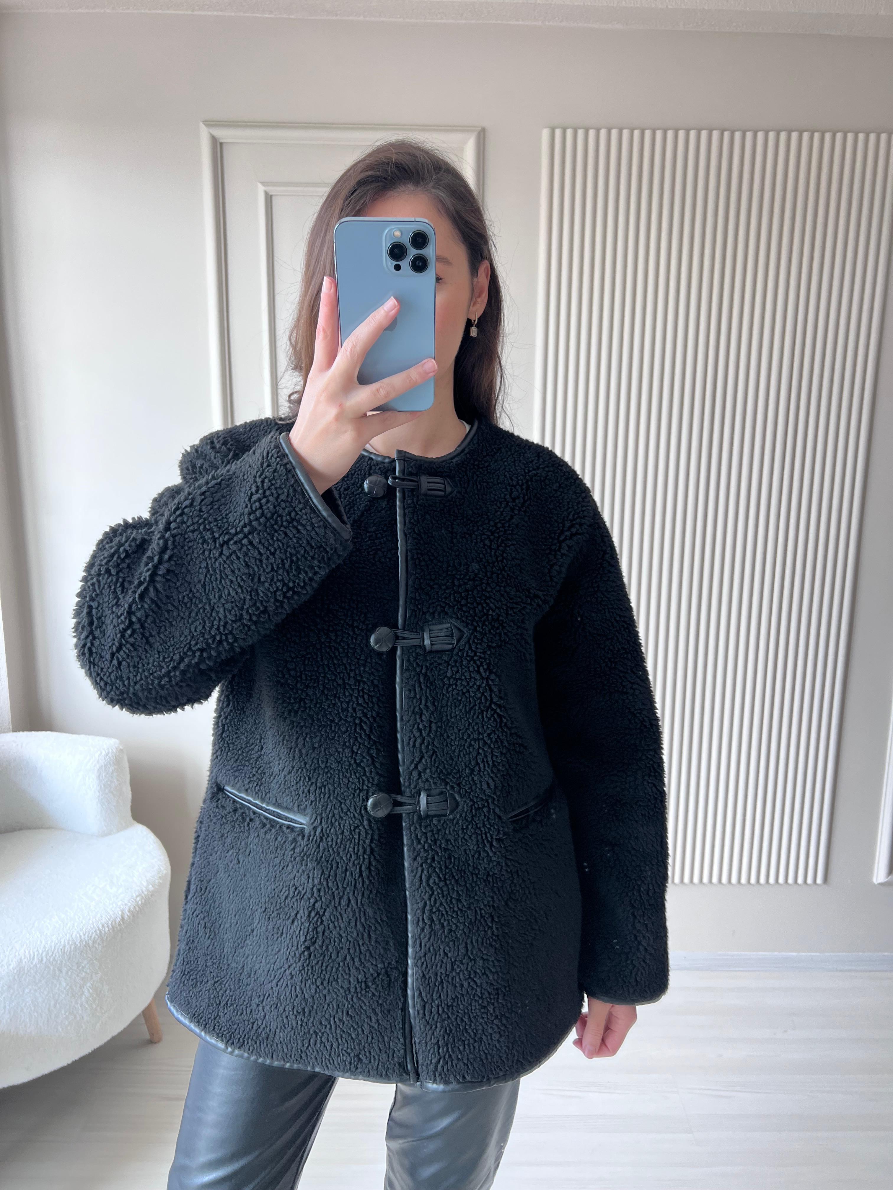 Teddy Peluş Siyah Kaban - 1045