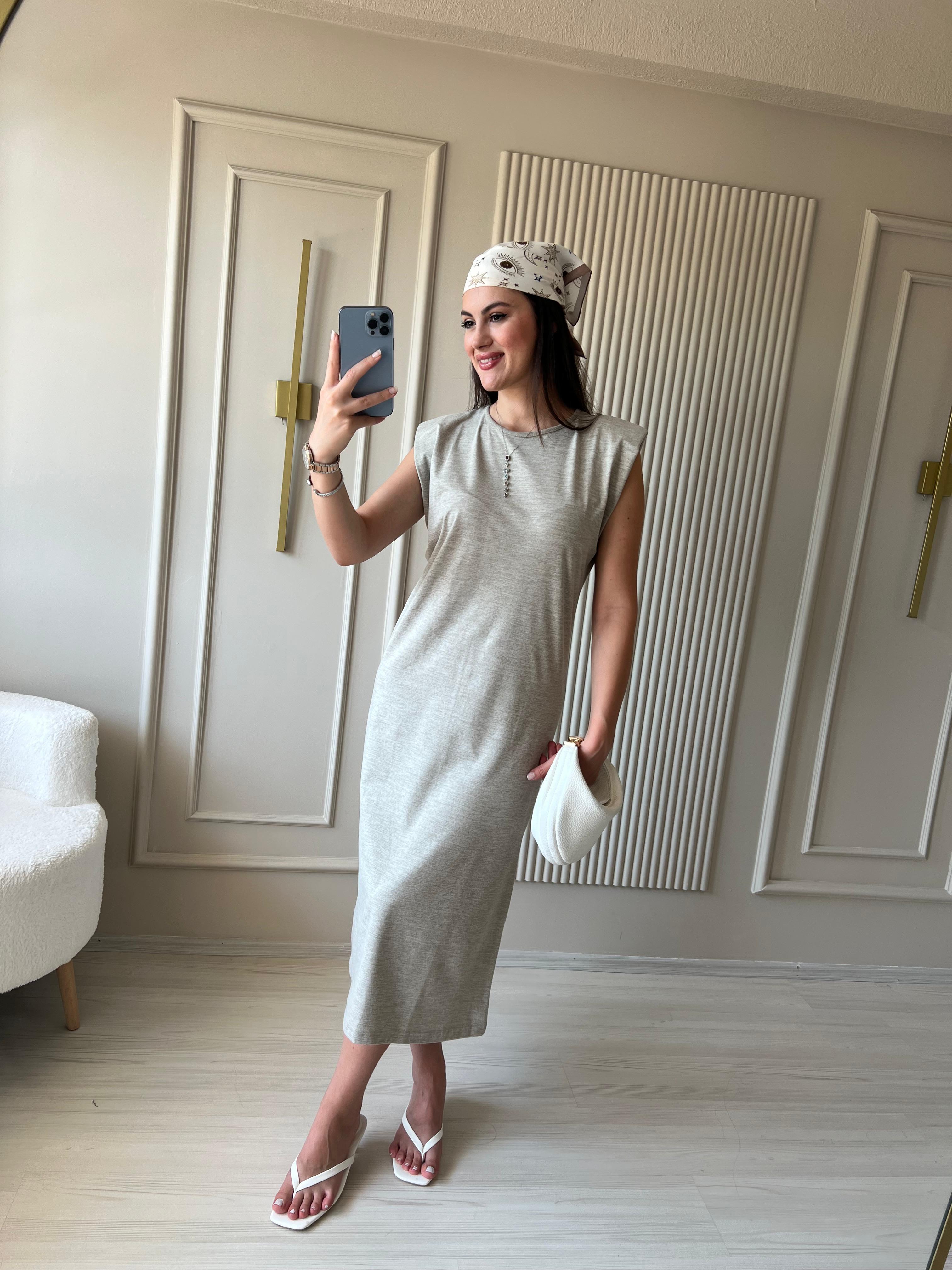 Vatkalı Flamlı Modal Kumaş Elbise - Vizon - 1023 