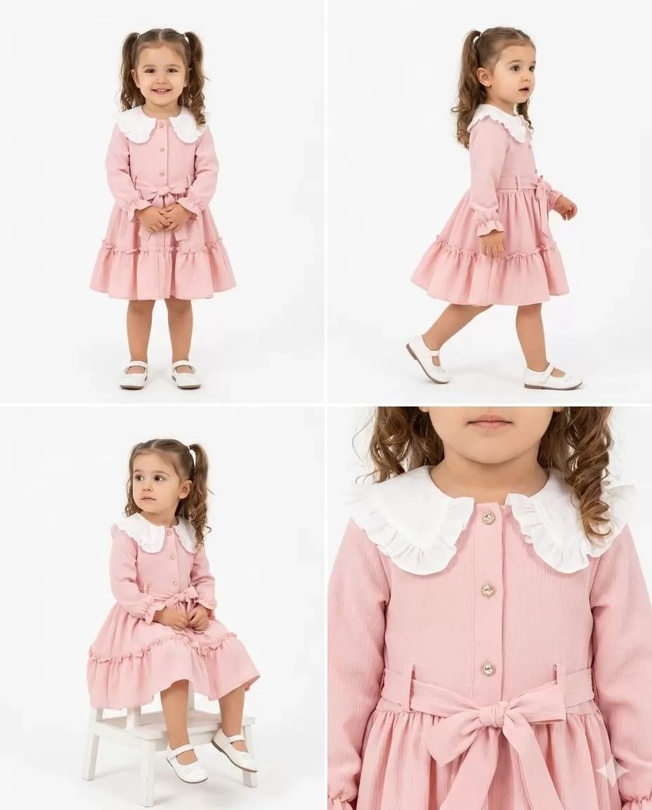 1/5 Yaş Düğme Detaylı Bebe Yaka Çocuk Elbisesi