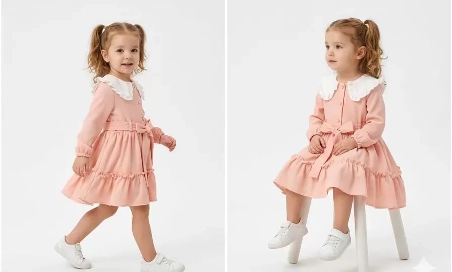 1/5 Yaş Düğme Detaylı Bebe Yaka Çocuk Elbisesi