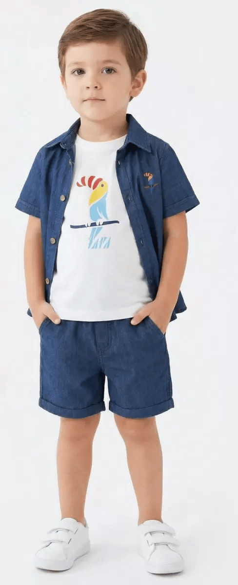 2/6 Yaş Denim Gömlek Şortlu 3lü Çocuk Takımı