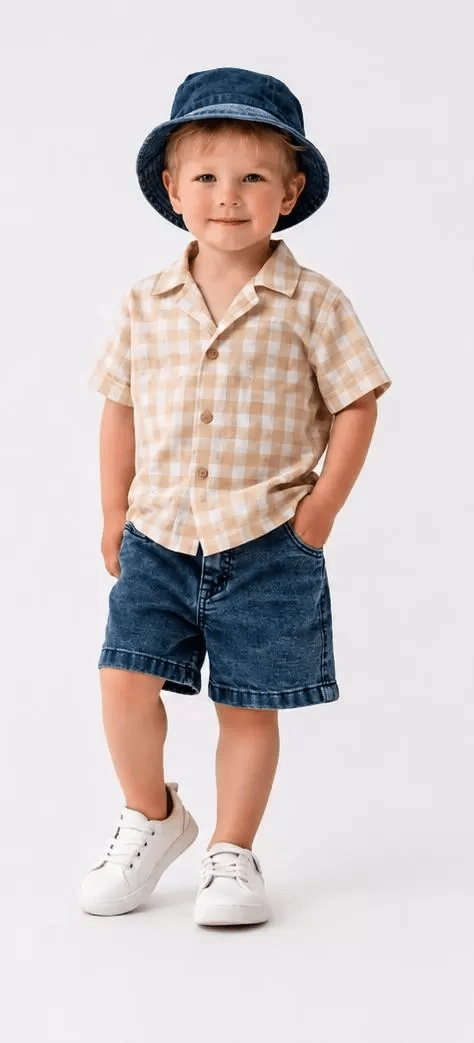 2/6 Yaş Denim Şapkalı Şortlu 3lü Çocuk Takımı