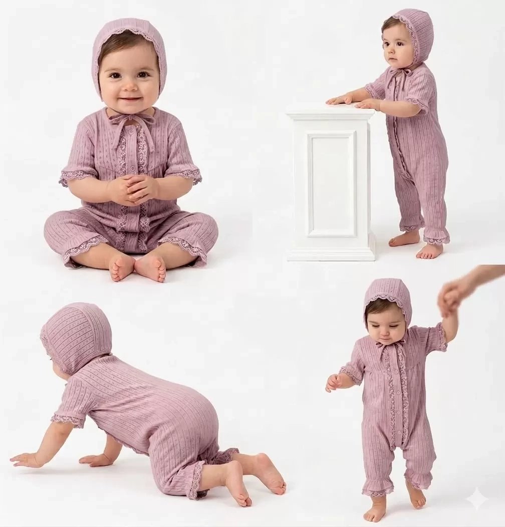 3/12 Ay Şapkalı Dantelli Jakar Kumaş Bebek Tulumu