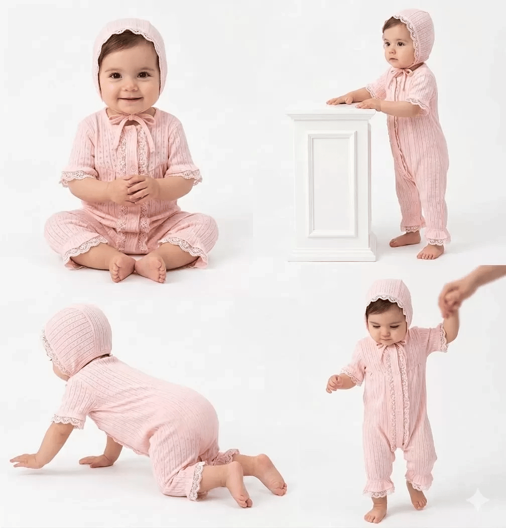 3/12 Ay Şapkalı Dantelli Jakar Kumaş Bebek Tulumu