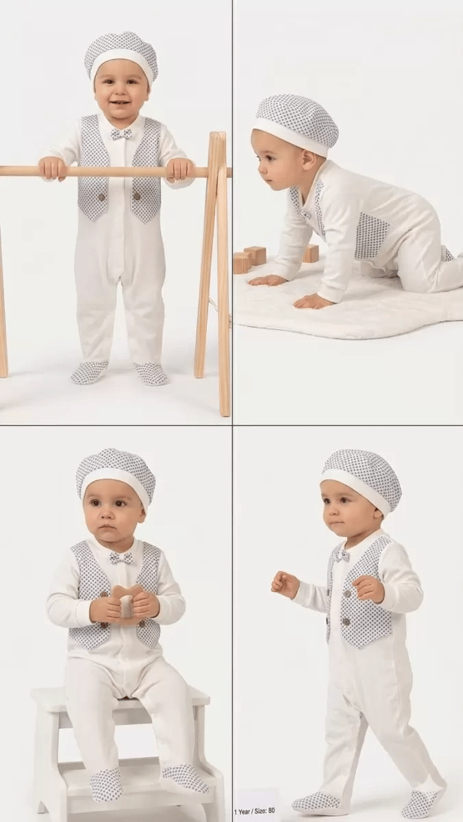 3/12 Ay Şapkalı Sahte Yelekli Bebek Tulumu