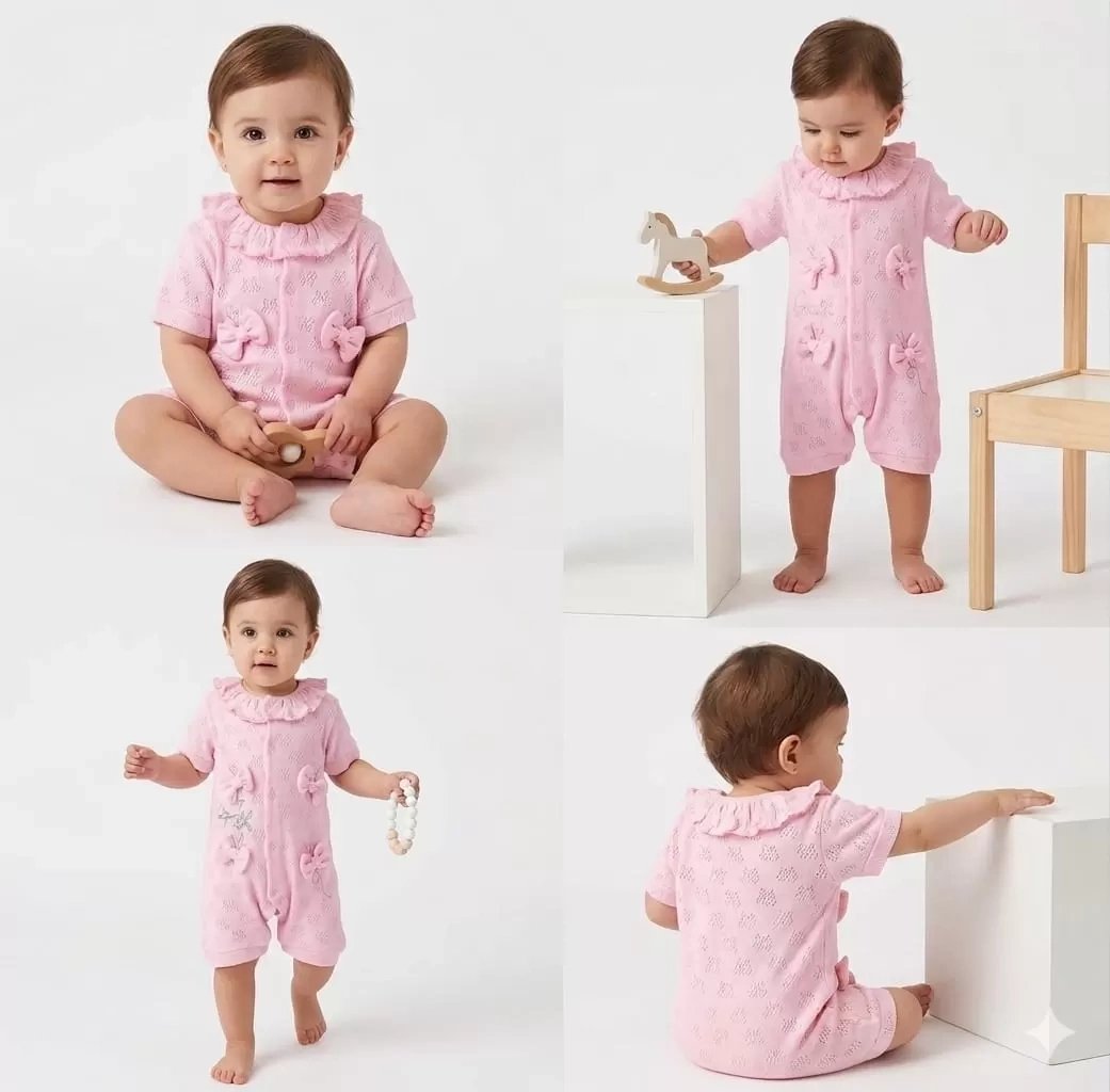 3/12 Ay Yakalı Fiyonklu Jakar Kumaş Bebek Tulumu