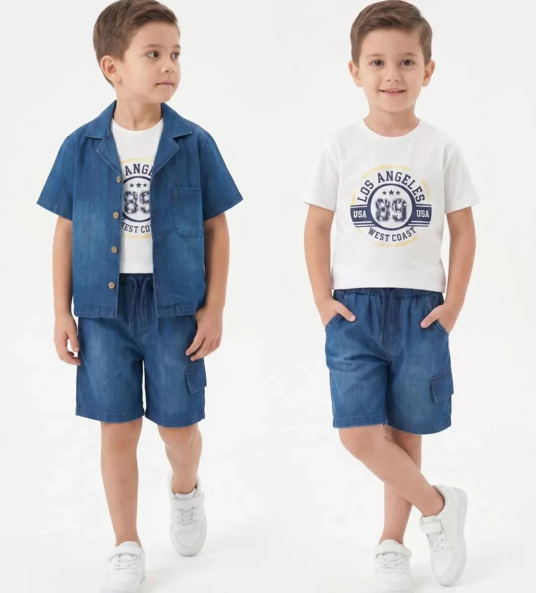 6/10 Yaş Denim Gömlek Şortlu 3lü Çocuk Takımı