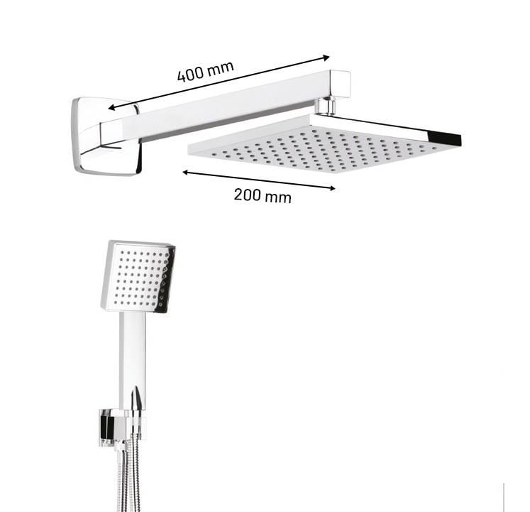 Ankastre Duş Seti 2 Yönlü Kare 200x200 mm - Paslanmaz Pirinç Krom Kaplama- El Duşlu