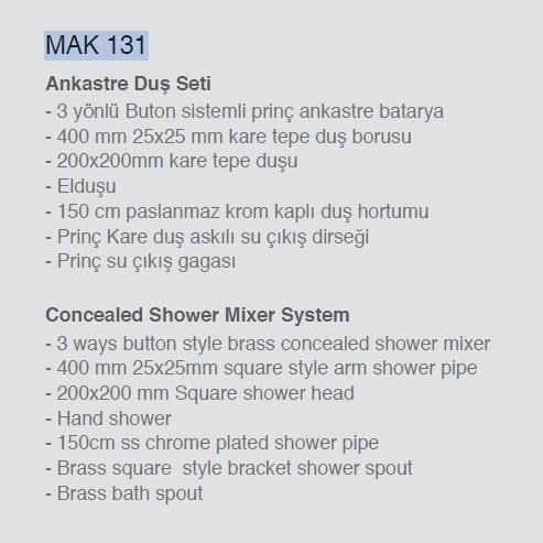 Ankastre Duş Seti-200x200 mm Kare Tepe Duşlu 3 Yönlü Butonlu-Paslanmaz Pirinç Krom Kap.