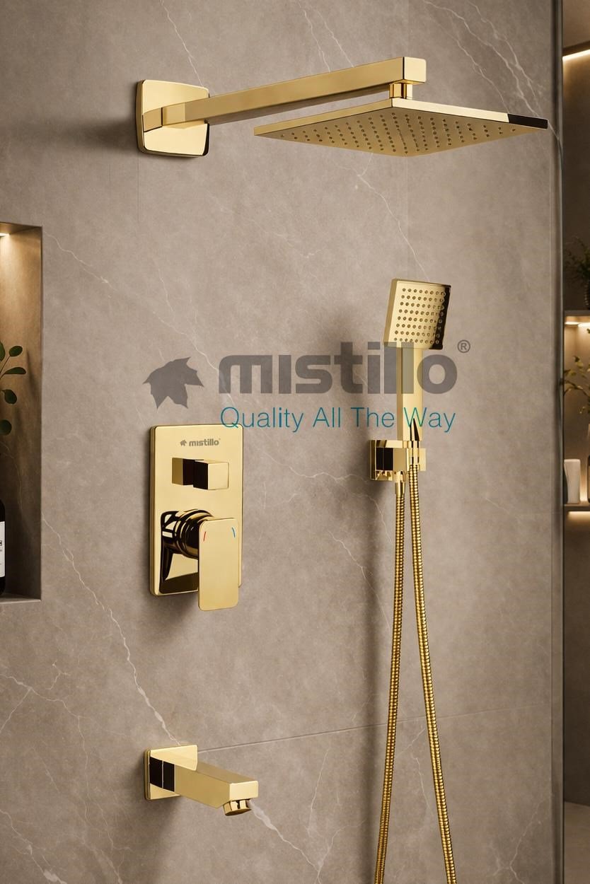 Ankastre Duş Seti 3 Yönlü Kare 200x200 mm – Paslanmaz Pirinç Gold