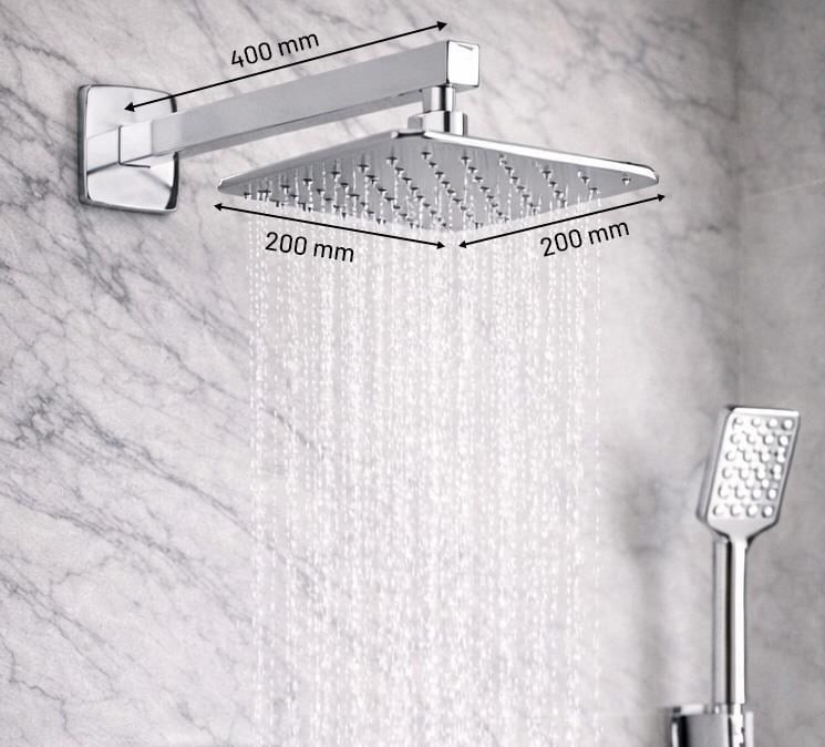 Ankastre Duş Seti 3 Yönlü Kare 200x200 mm – Paslanmaz Pirinç Krom Kaplama