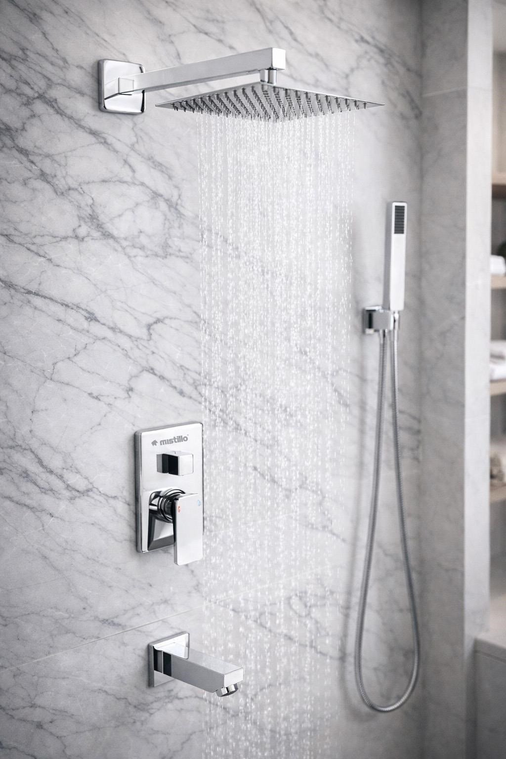 Ankastre Duş Seti 3 Yönlü Kare 250x250 mm – Paslanmaz Pirinç Krom Kaplama