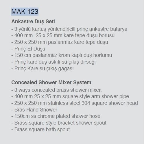 Ankastre Duş Seti 3 Yönlü Kare 250x250 mm – Paslanmaz Pirinç Krom Kaplama